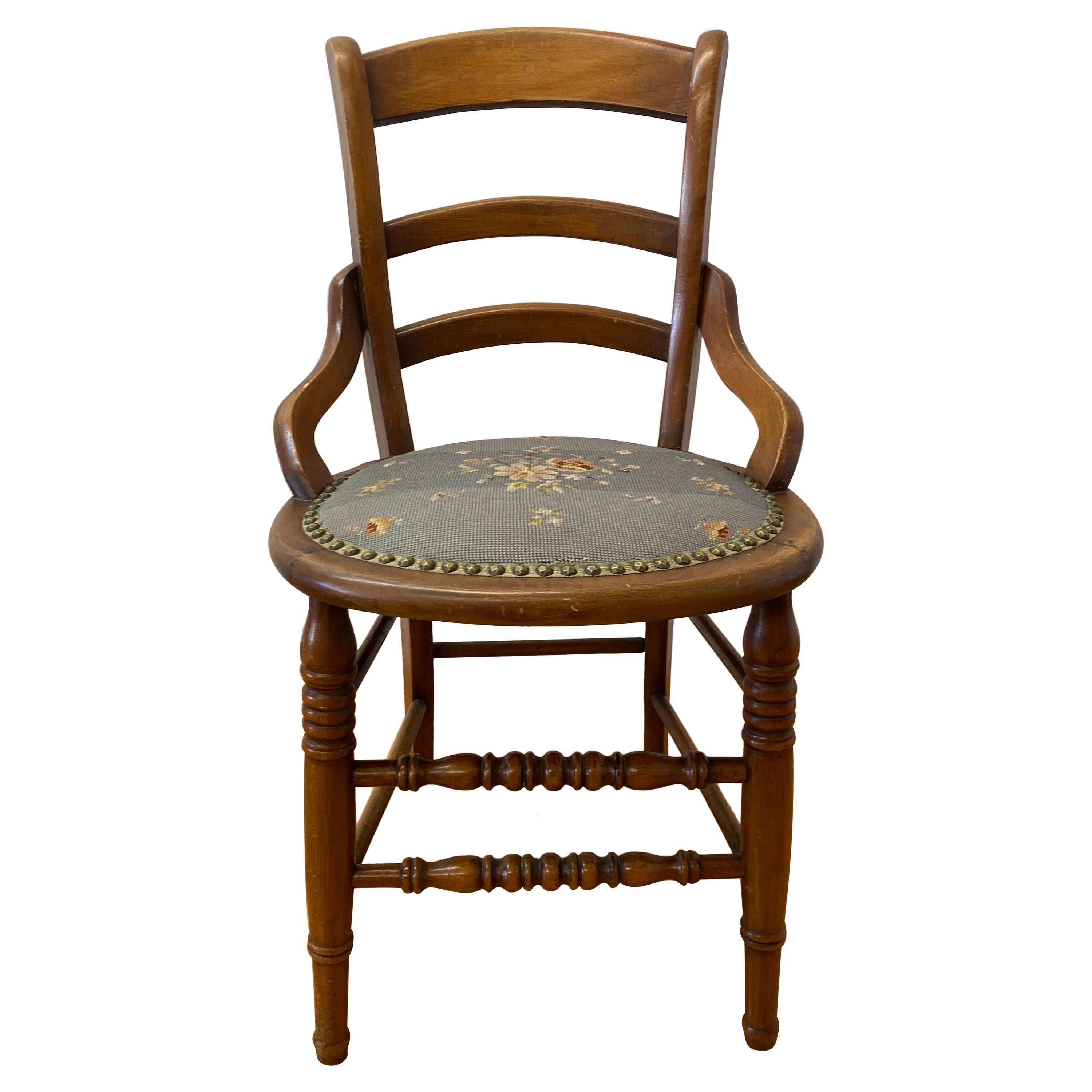 Mid 19th Century American Walnut Chair W/ Needlepoint Seat, C.1870