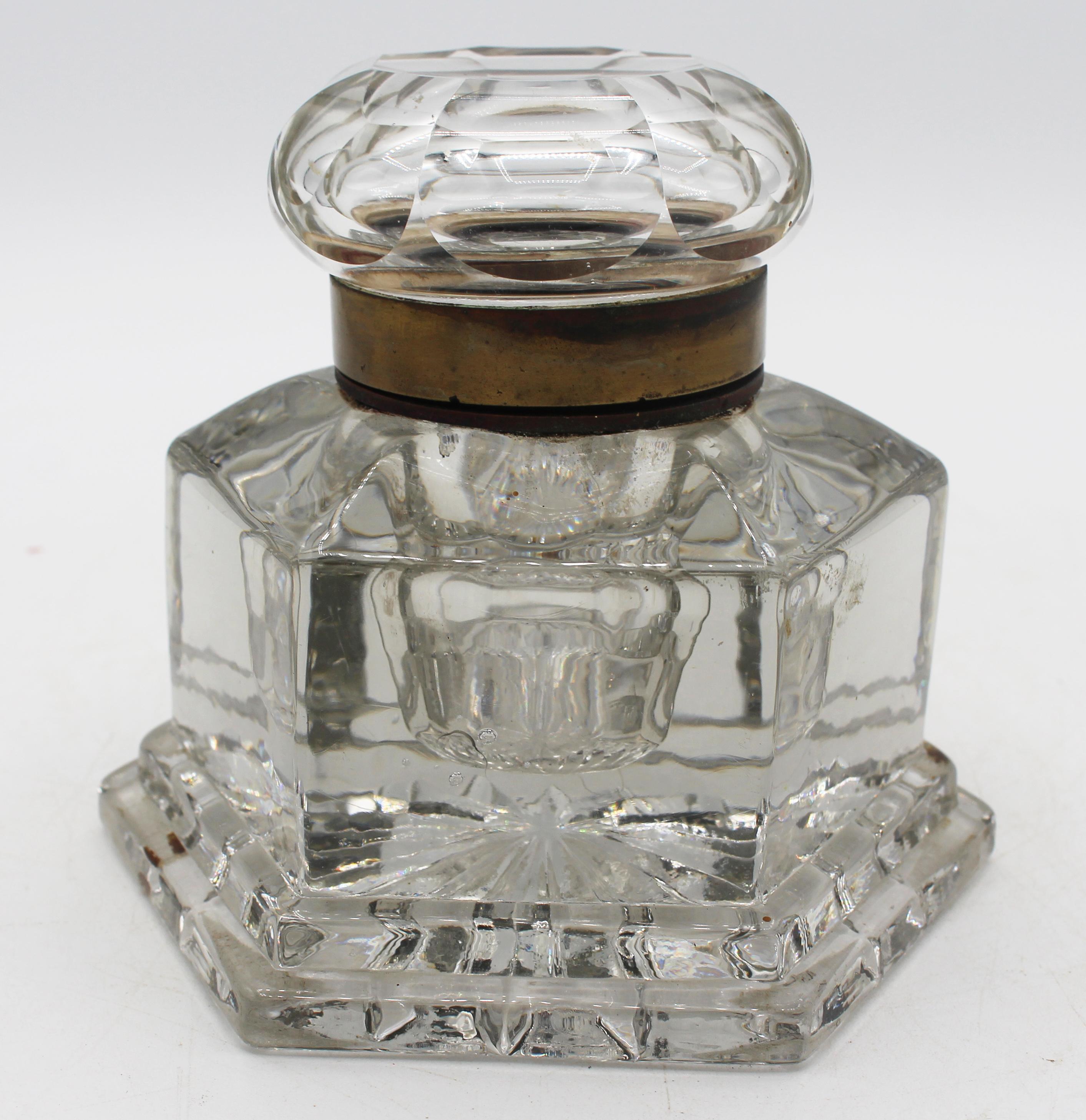 Brass Mid-19th Century Anglo-French Mold & Cut Glass Inkwell For Sale