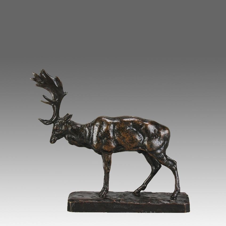 An excellent mid 19th Century French bronze animalier figure of a resting stag with its head lowered showing off its impressive antlers. The bronze with attractive rich brown patina and intricate hand chased detail, signed Barye. 

ADDITIONAL