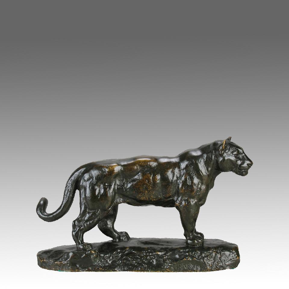 An impressive late 19th Century Animalier bronze study of a standing jaguar with excellent rich green patina and very fine hand chased surface detail. Raised on an integral base, signed Barye 

ADDITIONAL INFORMATION
Height:                         