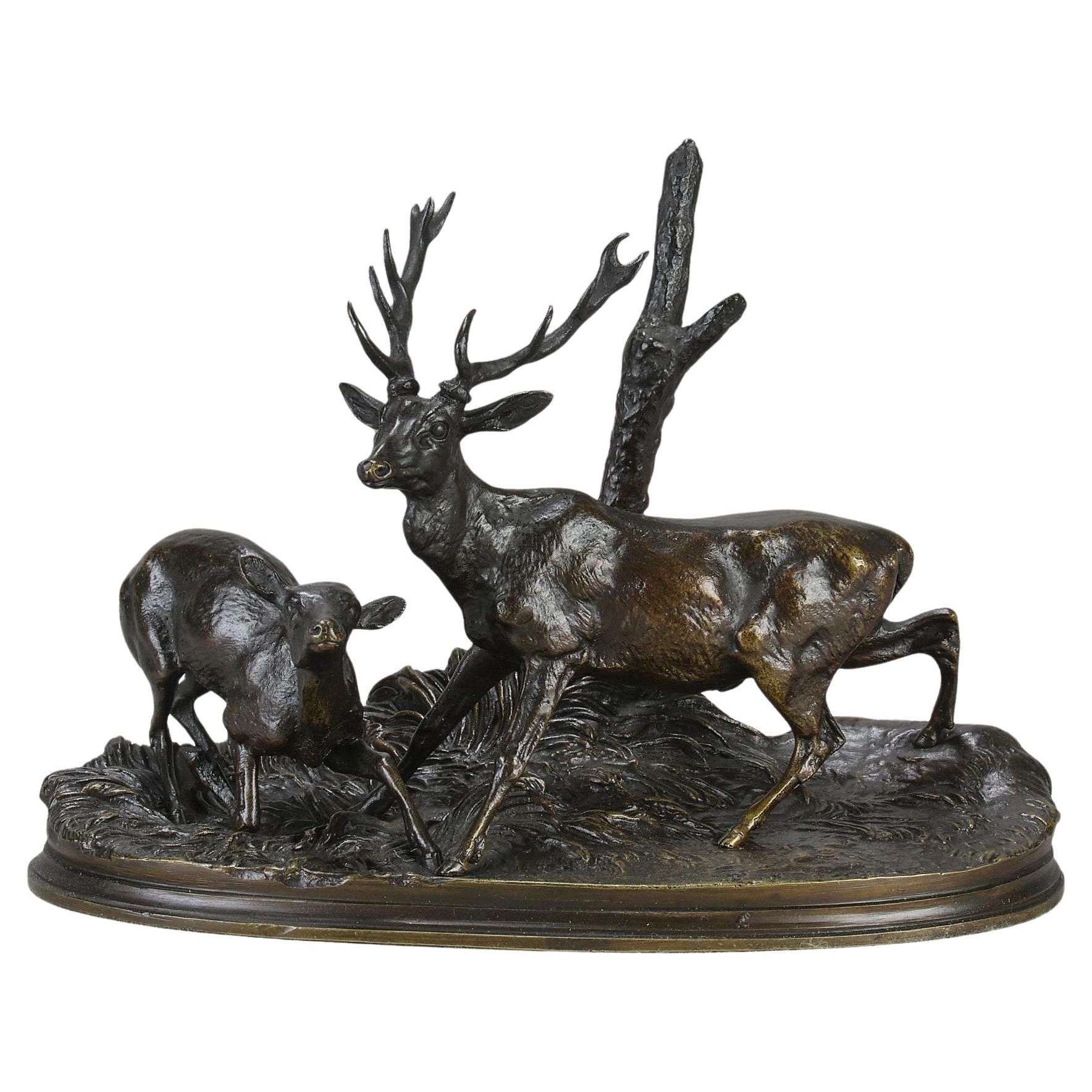 Estudio de bronce animalier de mediados del siglo XIX "Famille De Cerf" de P.J. Mêne en venta