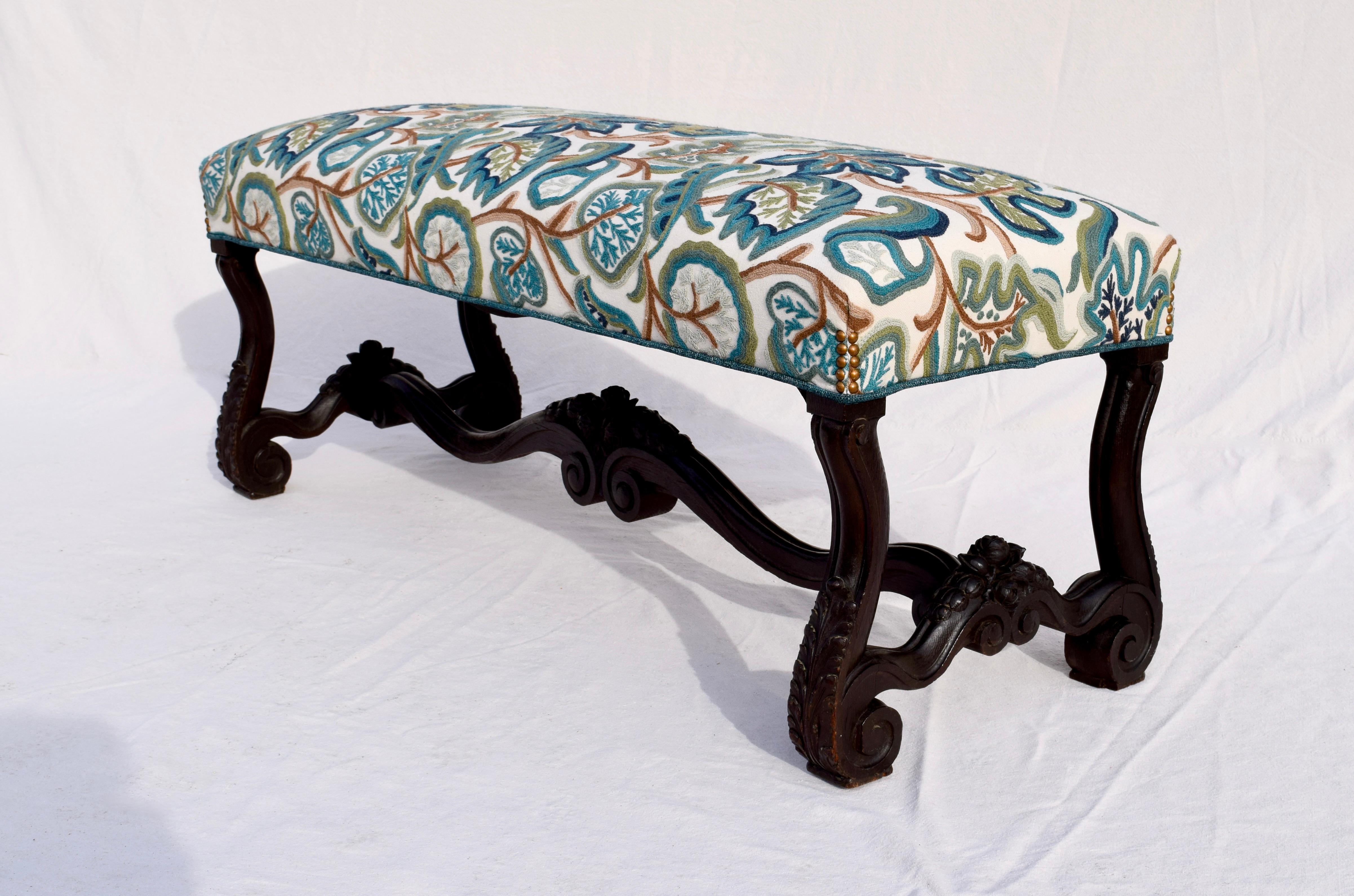 Hand-Carved Mid-19th Century Antique American Empire Upholstered Scroll Form Bench