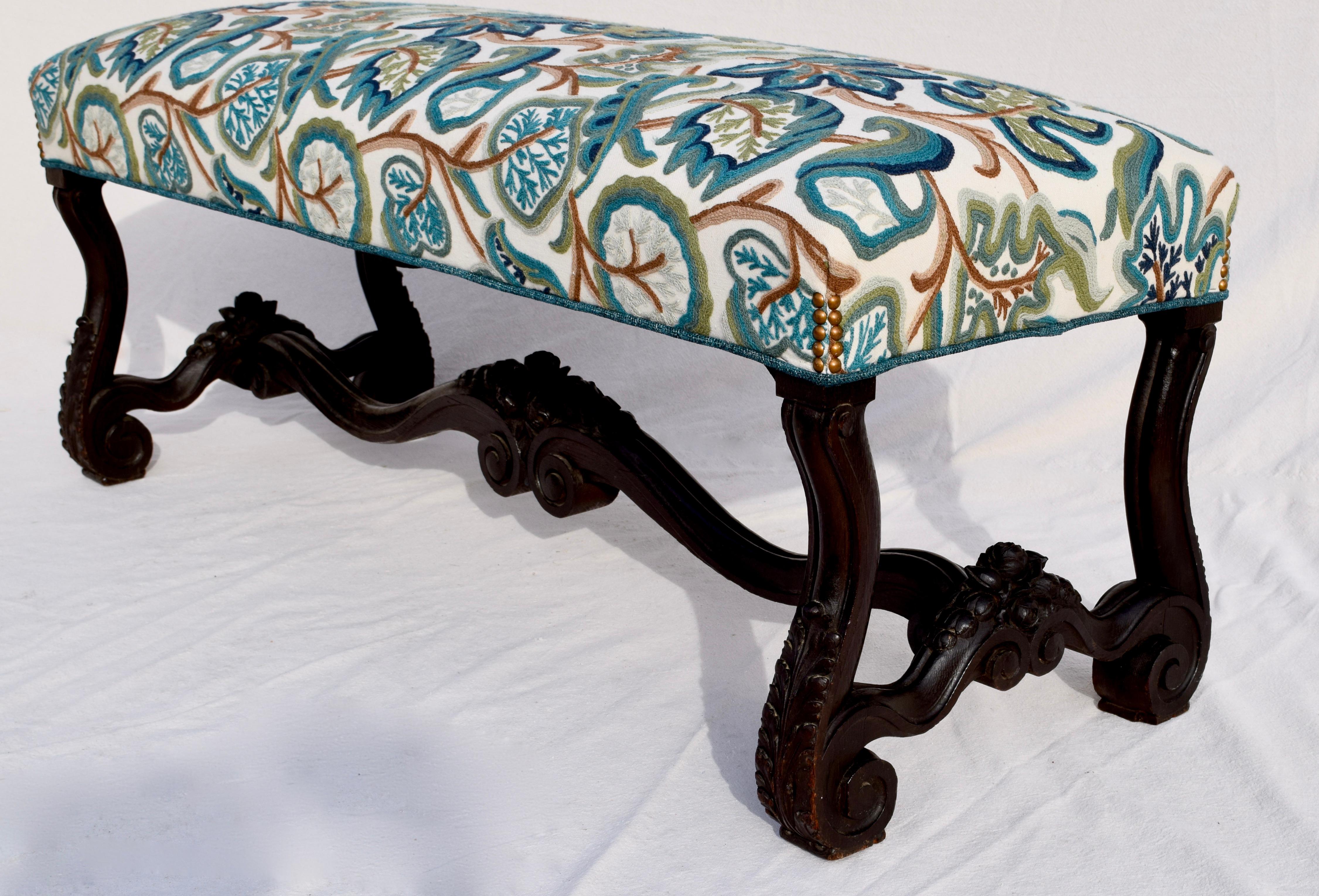 Mid-19th Century Antique American Empire Upholstered Scroll Form Bench 3