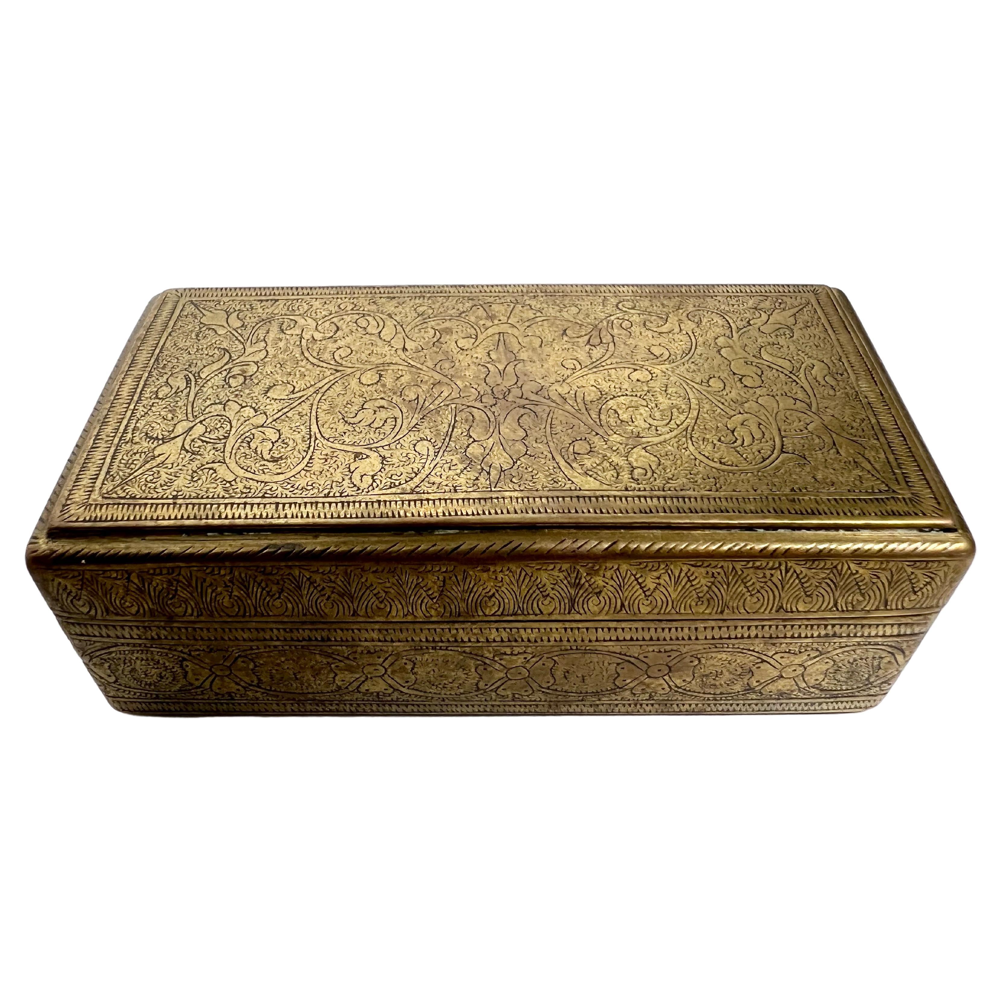 MId-19th Century Antique Brass English Snuff Box Etched Design For Sale