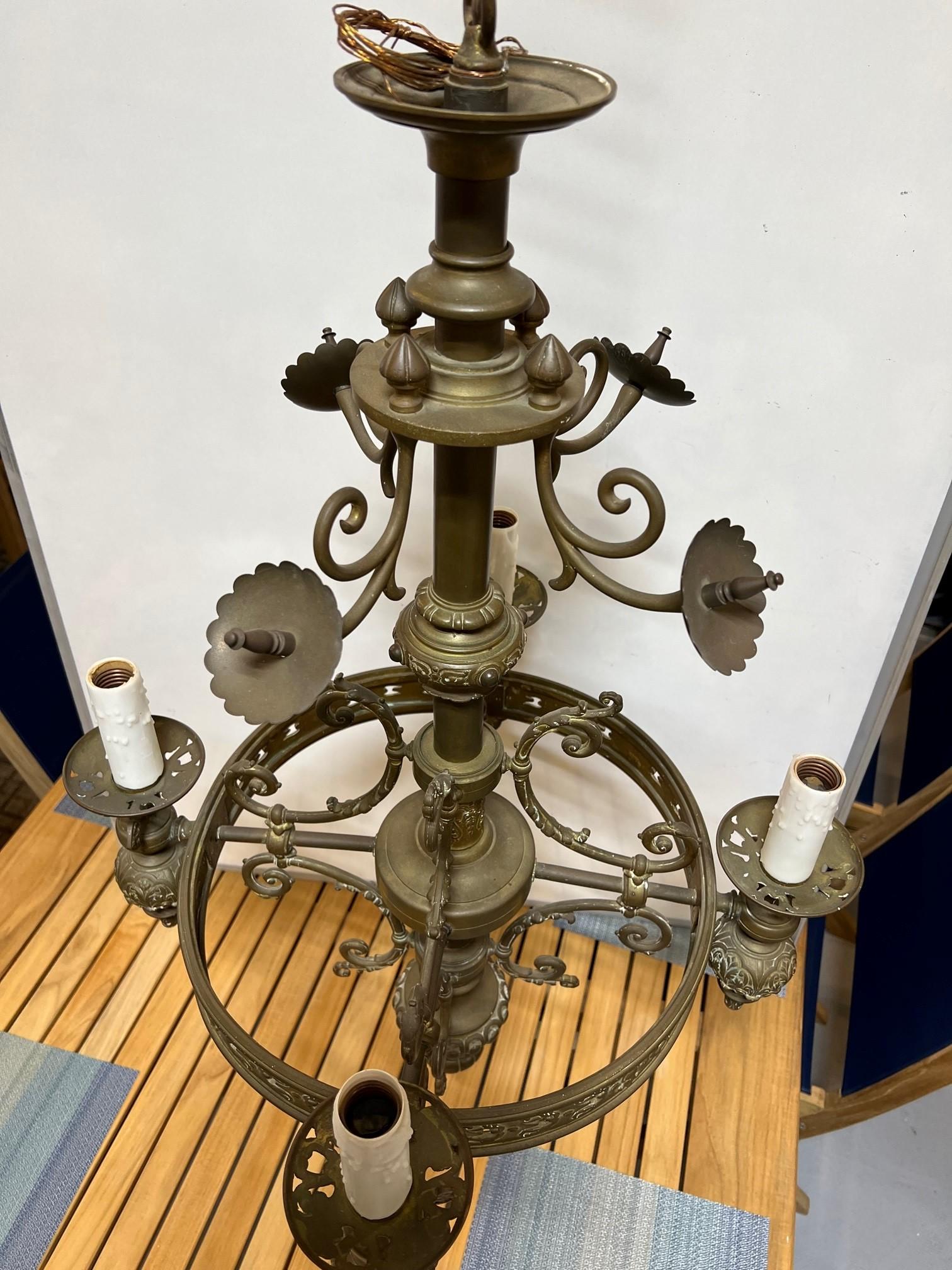 Mid-19th Century Antique Bronze Gas Chandelier 4 Arm Electrified For Sale 9