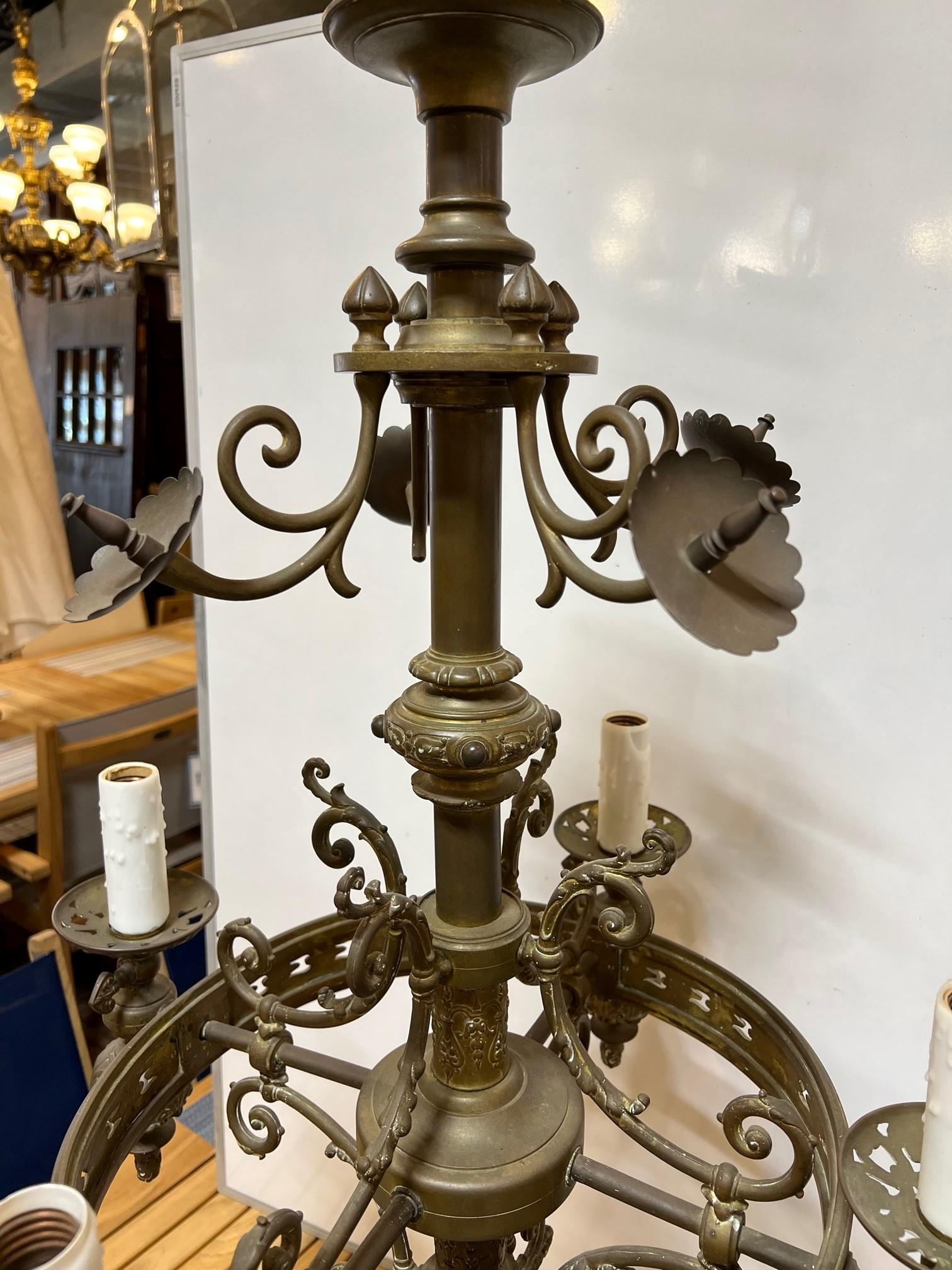 American Mid-19th Century Antique Bronze Gas Chandelier 4 Arm Electrified For Sale