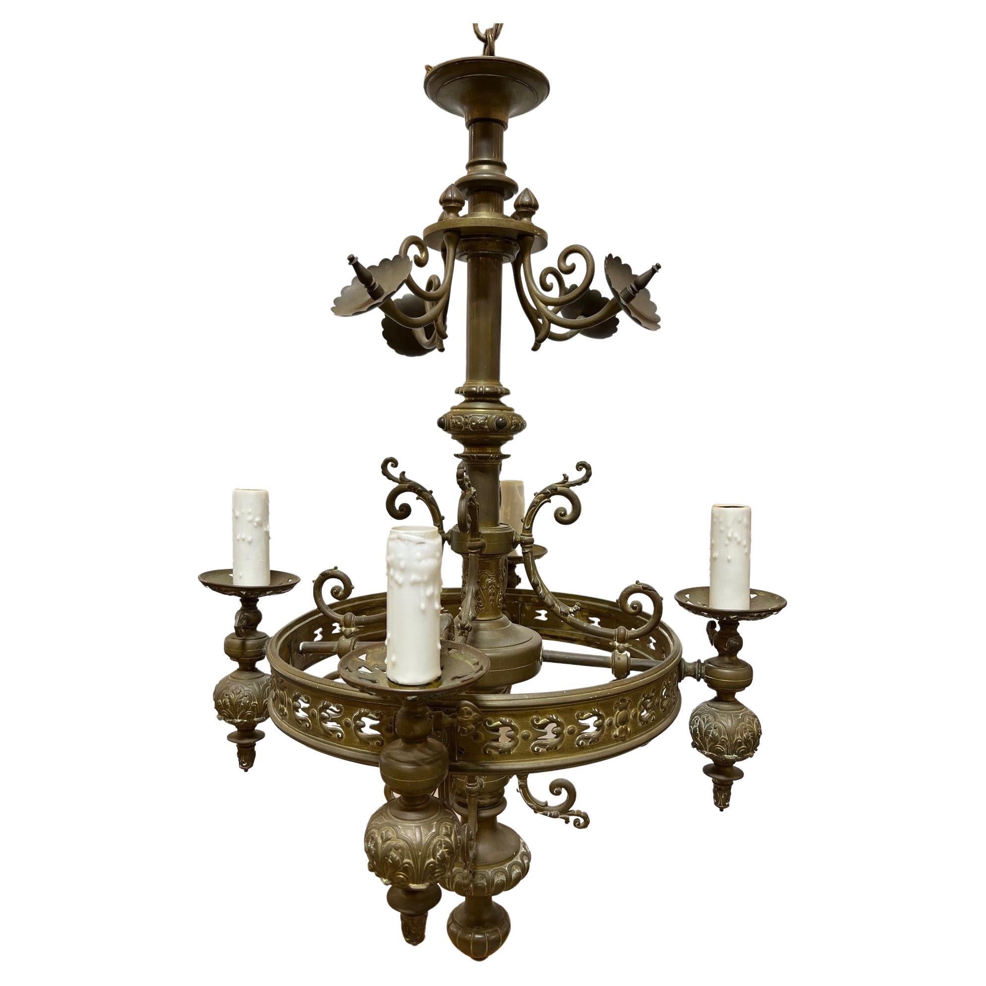 Mid-19th Century Antique Bronze Gas Chandelier 4 Arm Electrified For Sale
