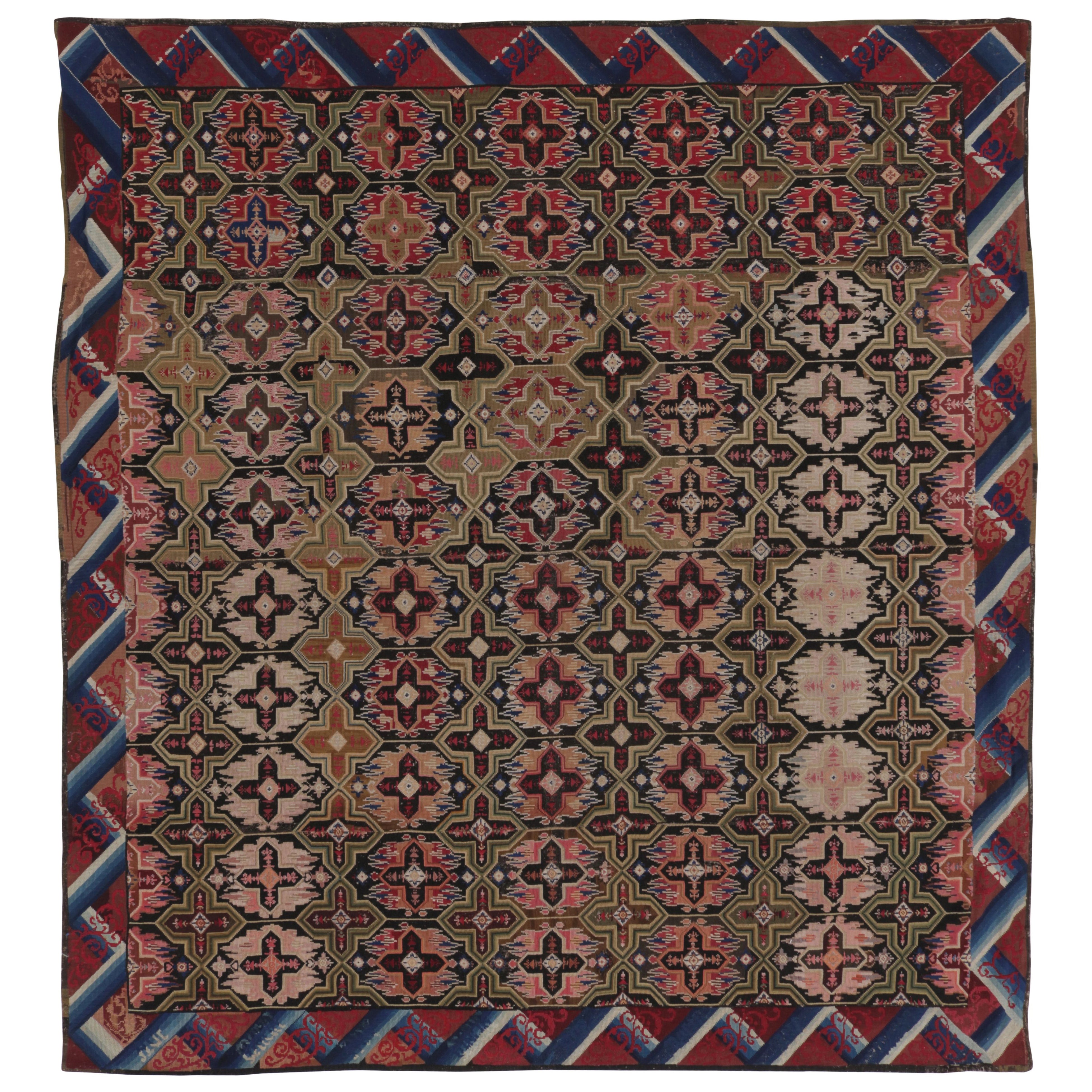 Mid-19th-Century Antique English Needlepoint Rug, Floral Trellises - Rug 
Kilim For Sale