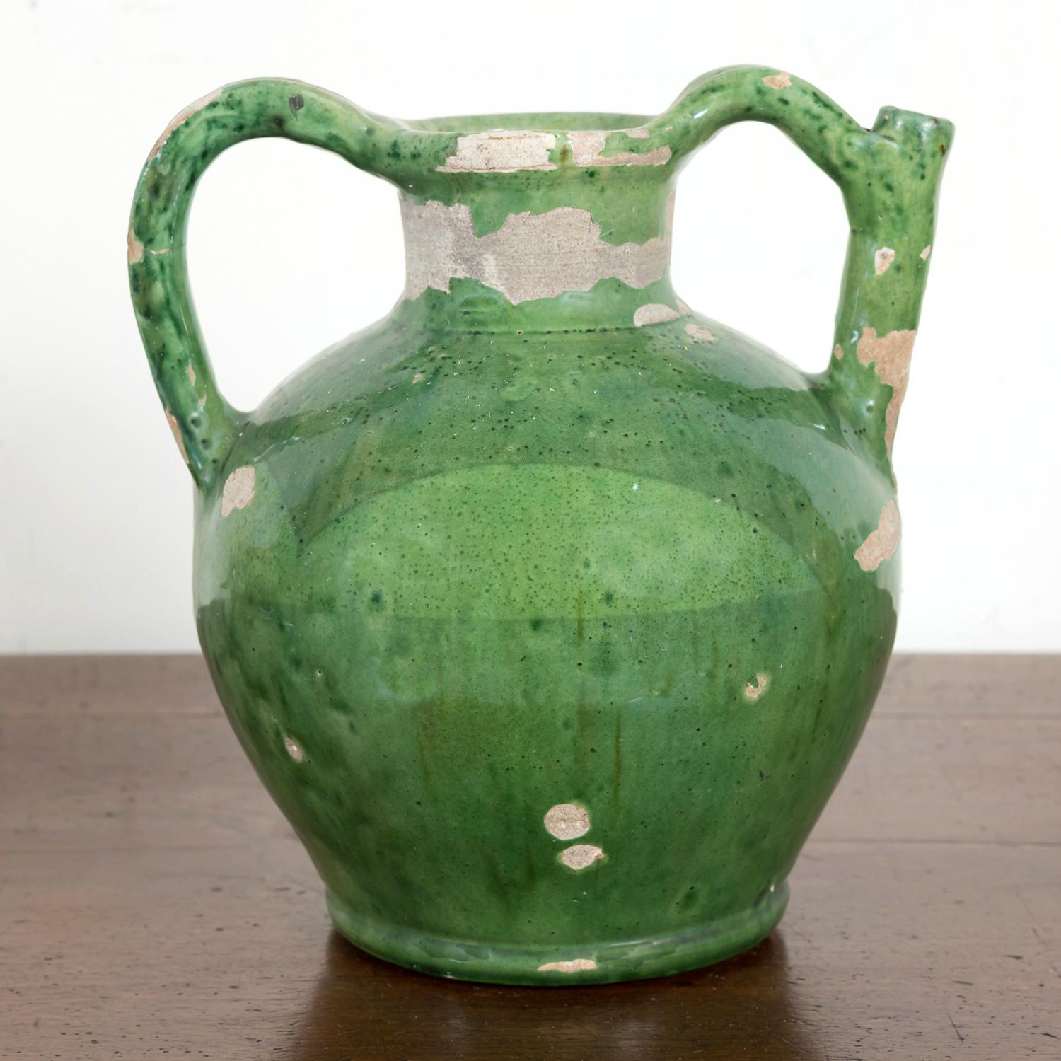 Glazed Mid-19th Century Antique French Cruche Orjol or Water Jug with Rare Green Glaze 