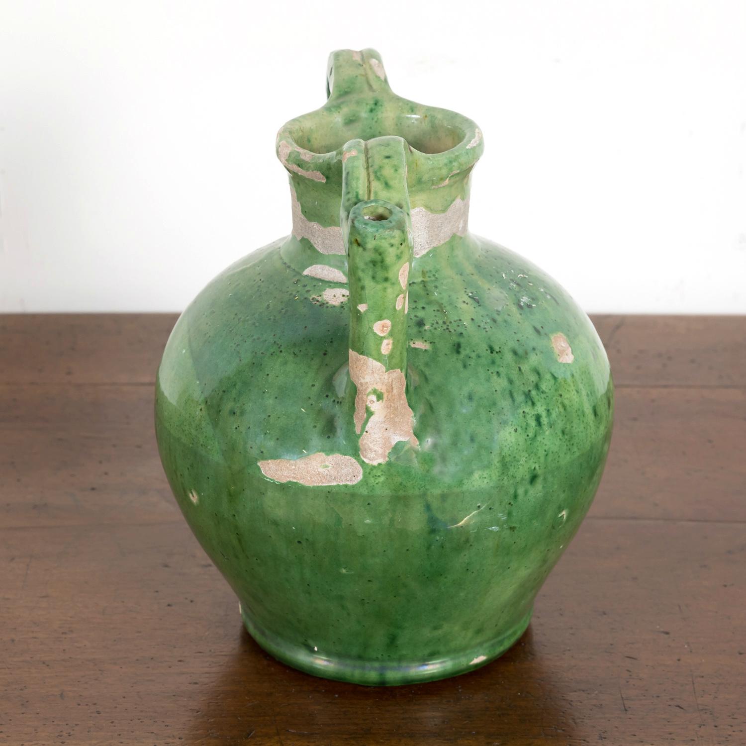Mid-19th Century Antique French Cruche Orjol or Water Jug with Rare Green Glaze  In Good Condition In Birmingham, AL