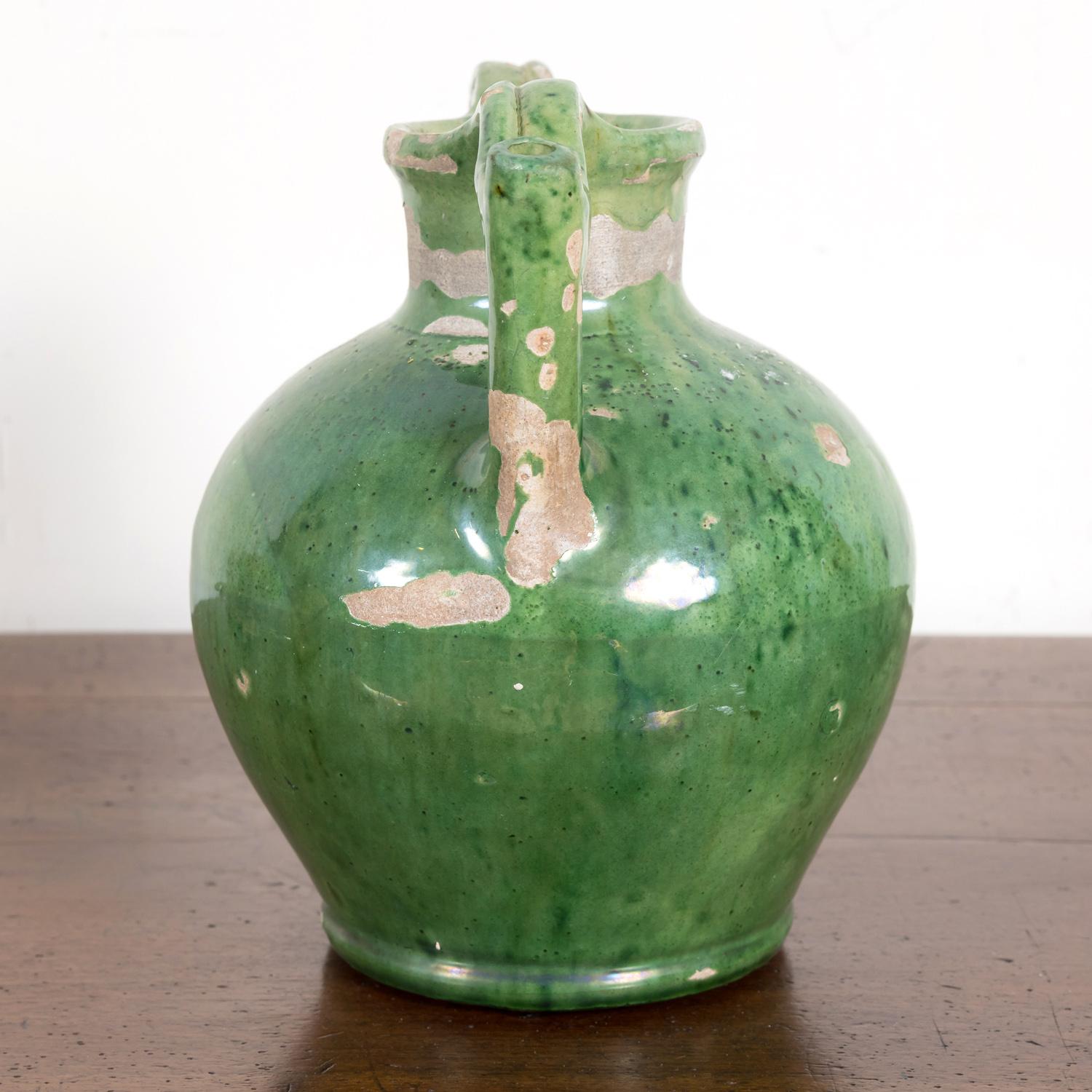 Terracotta Mid-19th Century Antique French Cruche Orjol or Water Jug with Rare Green Glaze 