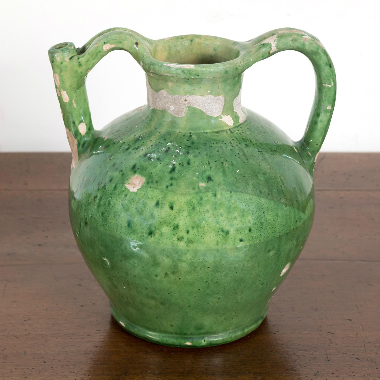 Mid-19th Century Antique French Cruche Orjol or Water Jug with Rare Green Glaze  1