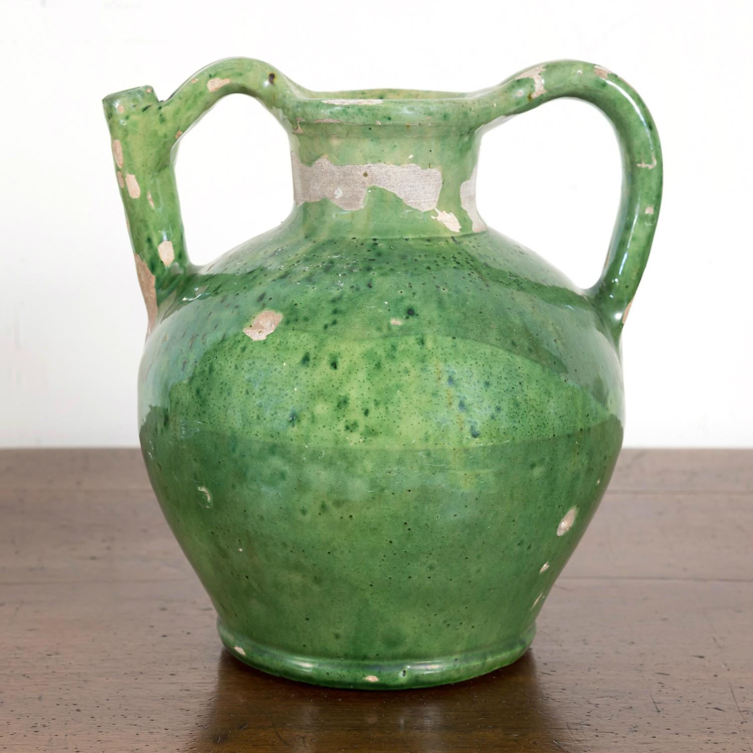 Mid-19th Century Antique French Cruche Orjol or Water Jug with Rare Green Glaze  2