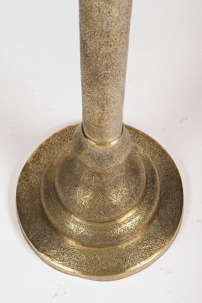 Hand-Crafted Mid-19th Century, Antique Islamic Brass Candleholder Floor Lamp For Sale