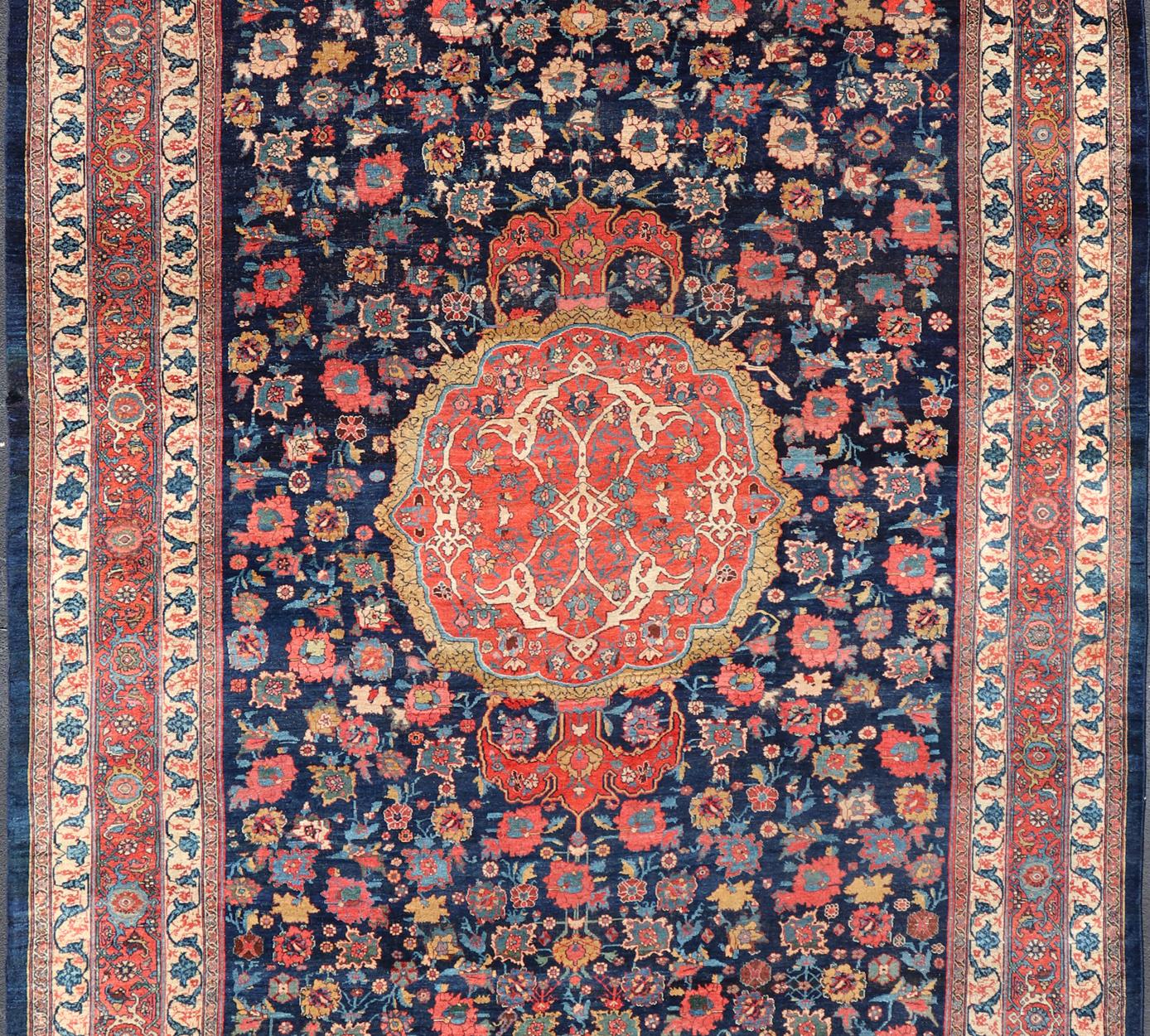 Tabriz Late 19th Century Antique Persian Bidjar Rug with Central Medallion Navy Field For Sale