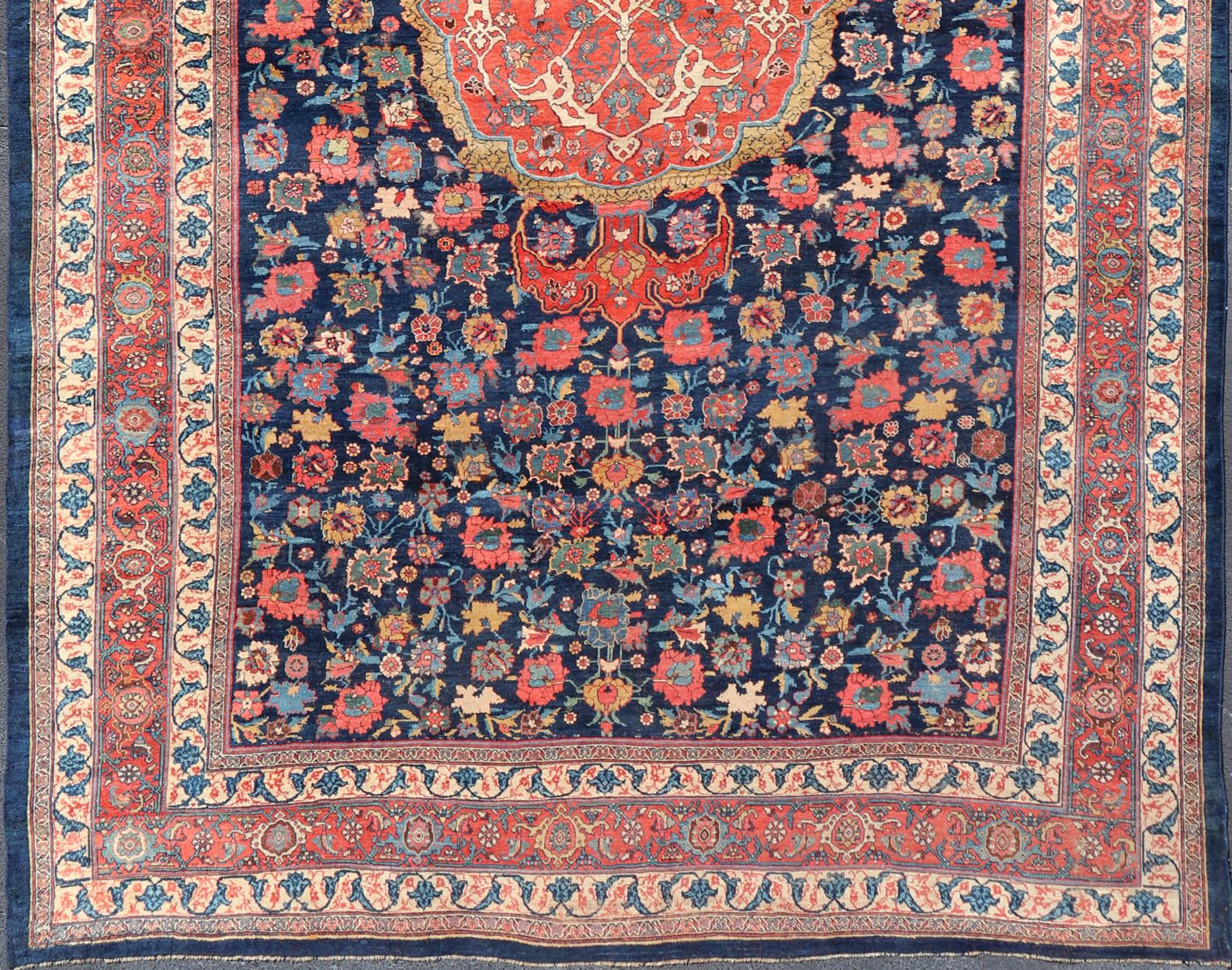 Hand-Knotted Late 19th Century Antique Persian Bidjar Rug with Central Medallion Navy Field For Sale