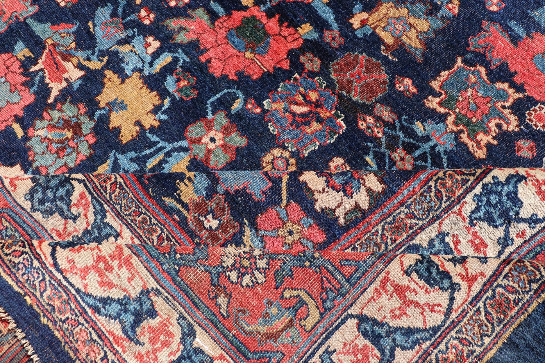 Wool Late 19th Century Antique Persian Bidjar Rug with Central Medallion Navy Field For Sale
