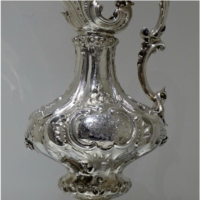 Rococo Mid 19th Century Antique Victorian Large Sterling Silver Wine Ewer London 1857 E For Sale