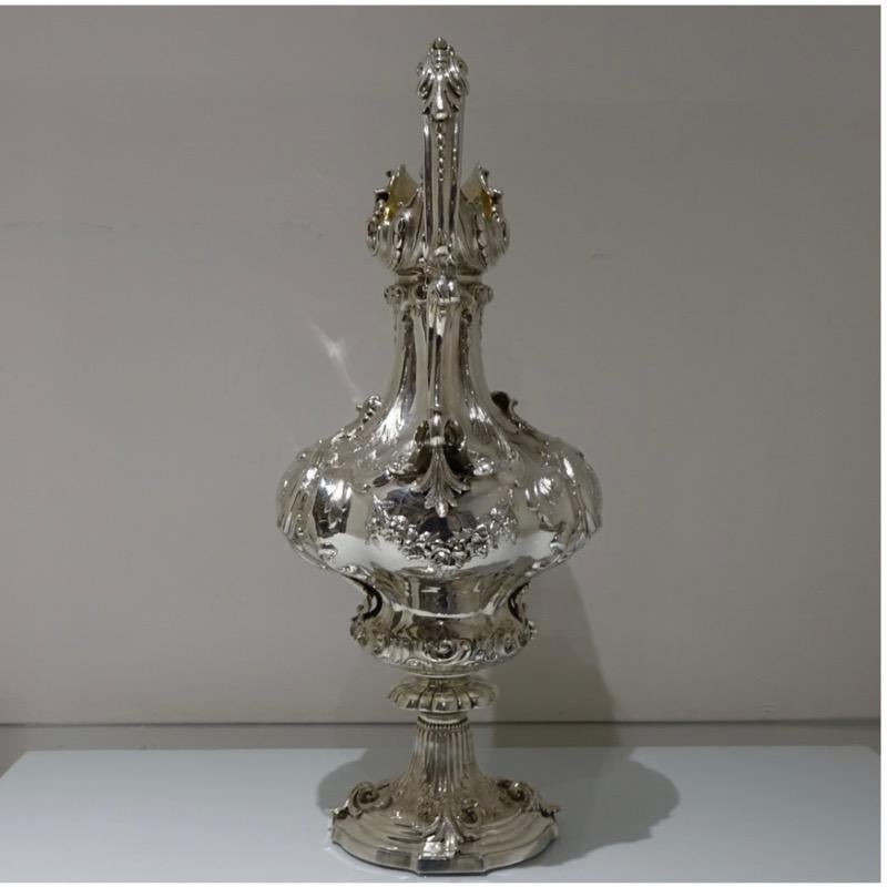 British Mid 19th Century Antique Victorian Large Sterling Silver Wine Ewer London 1857 E For Sale