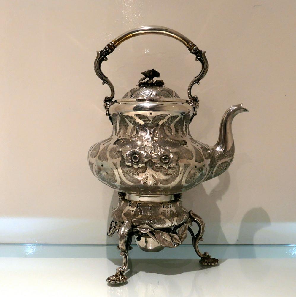 High Victorian Mid-19th Century Antique Victorian Sterling Silver 'Russian Interest' Tea Kettle For Sale