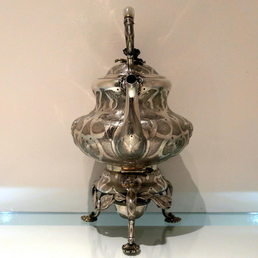 British Mid-19th Century Antique Victorian Sterling Silver 'Russian Interest' Tea Kettle For Sale