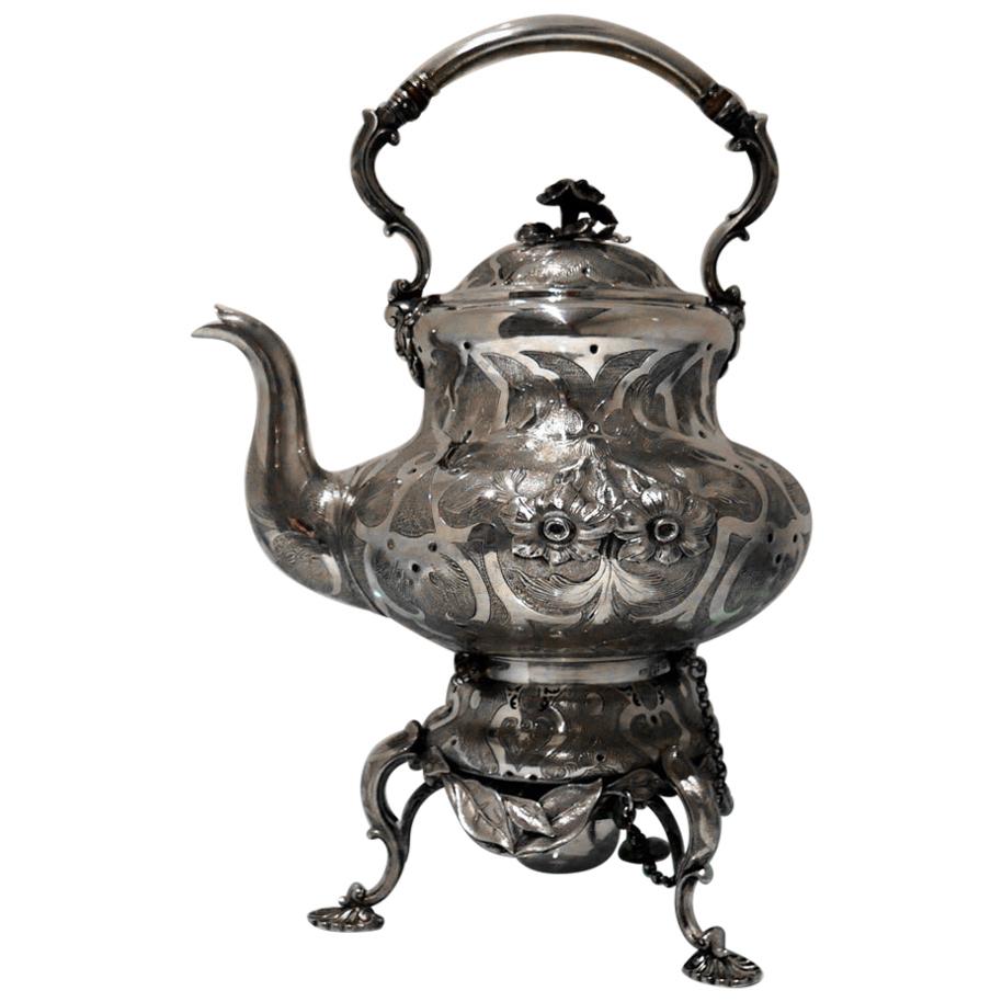 Mid-19th Century Antique Victorian Sterling Silver 'Russian Interest' Tea Kettle For Sale