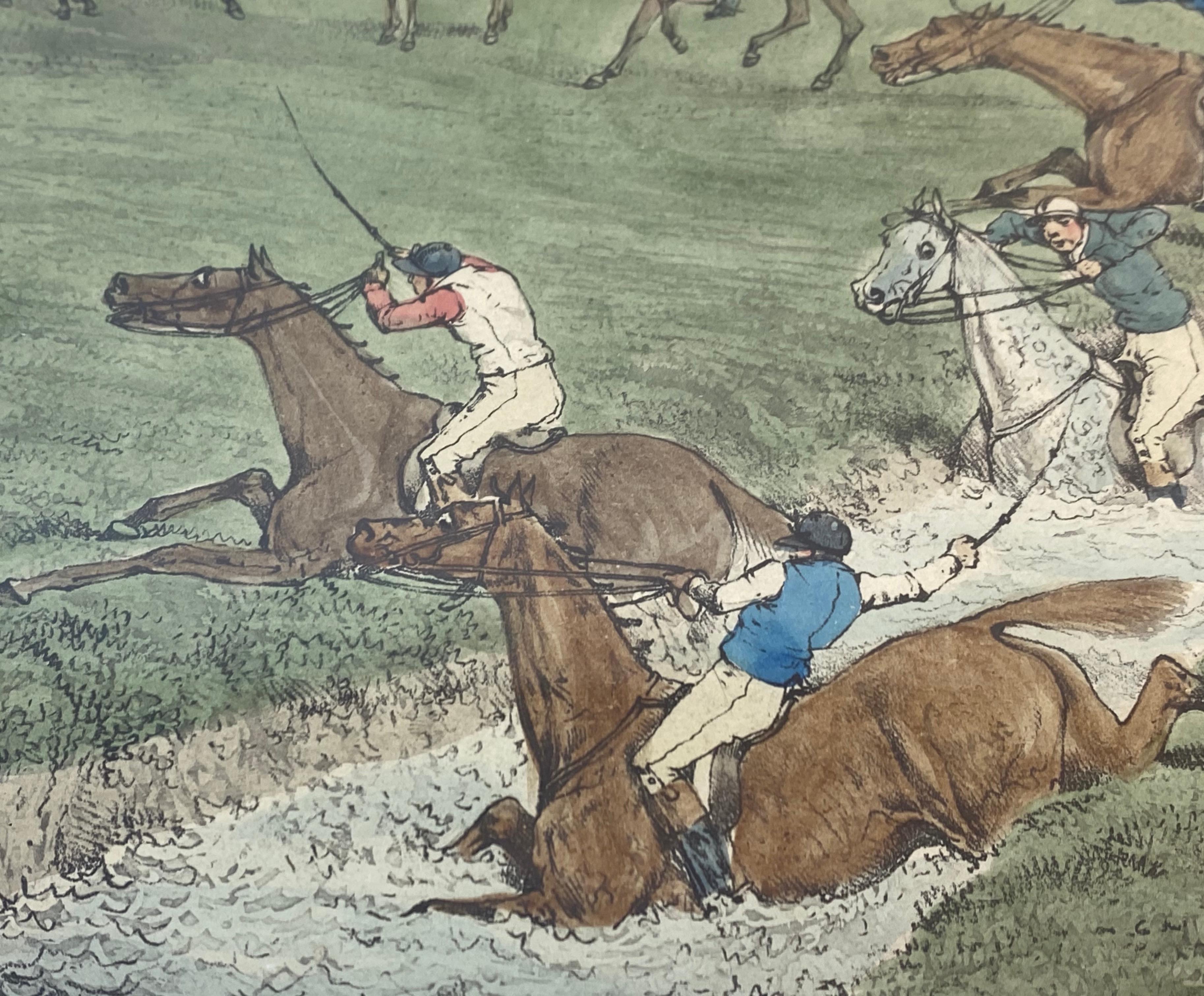 Mitte des 19. Jahrhunderts „“Aylesbury Grand Steeple Chase, Brook Scene“ Farbgravur im Angebot 1