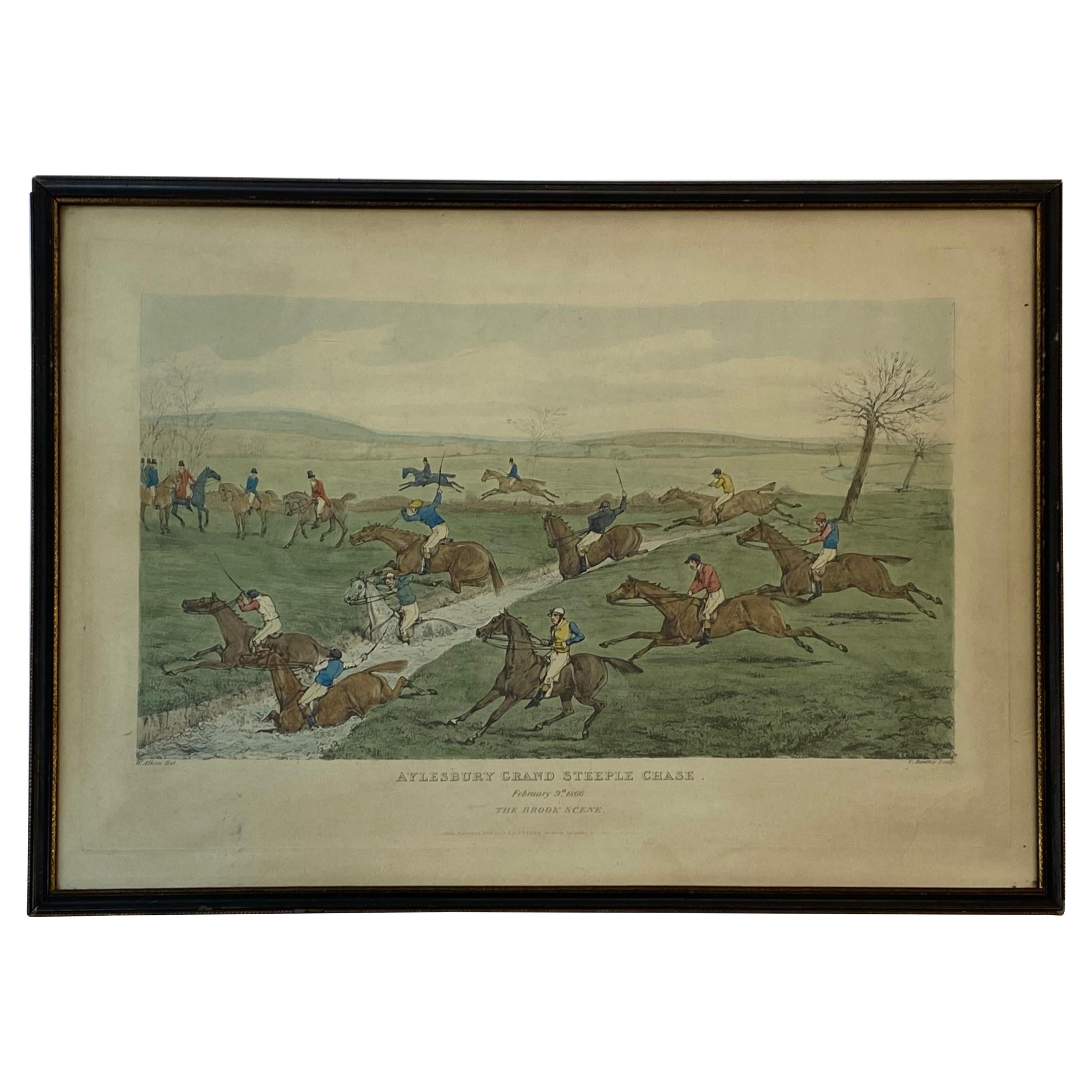 Mitte des 19. Jahrhunderts „“Aylesbury Grand Steeple Chase, Brook Scene“ Farbgravur