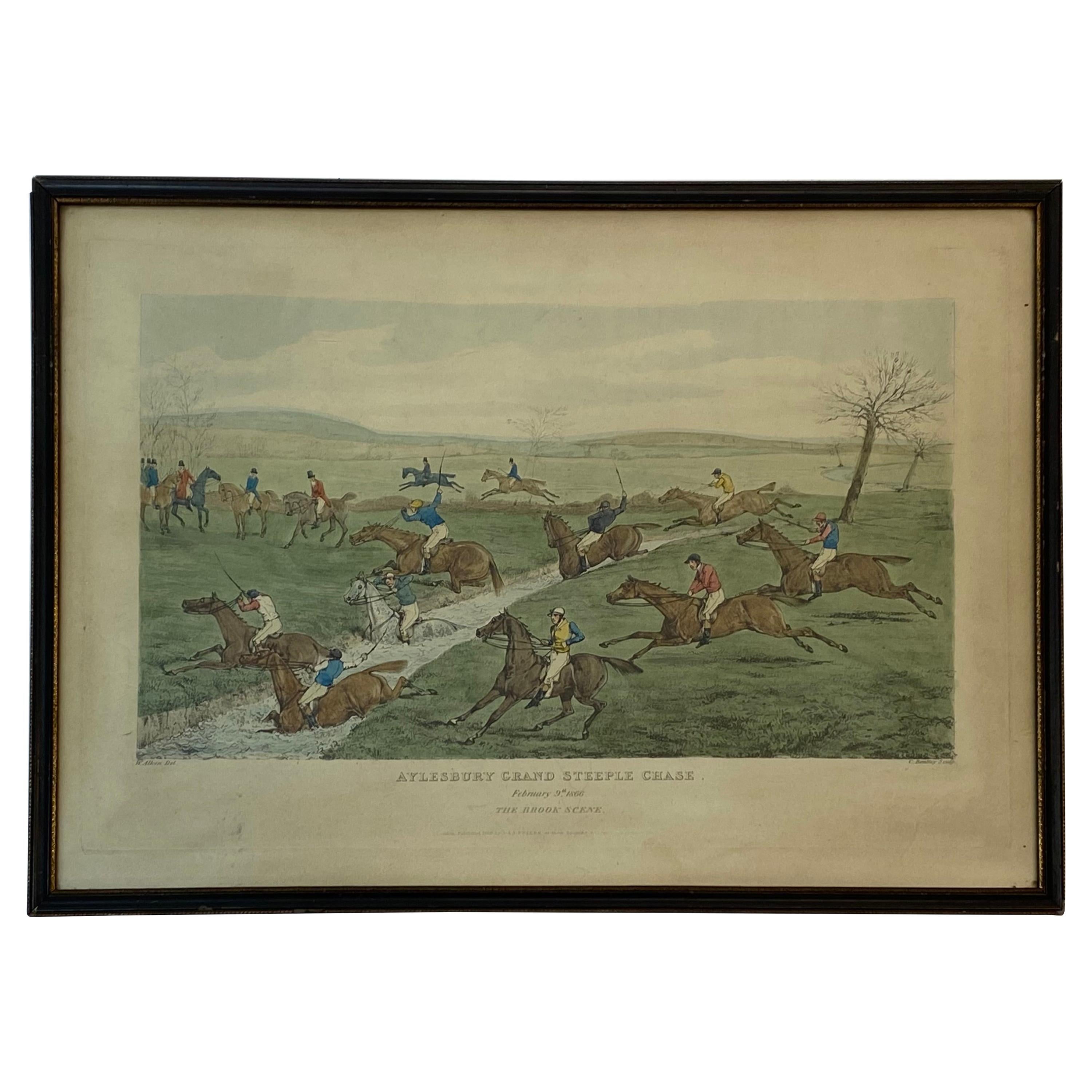 « Aylesbury Grand Steeple Chase, Brook Scene » , gravure en couleur du milieu du XIXe siècle