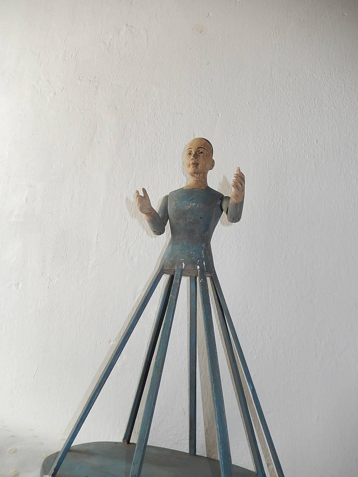 A good mid-19th century Italian wooden bastidor (cage) with inset glass eyes, original articulated arms - jointed at the elbow. Original slatted cage base together with original blue painted surface. Incredible patina, circa 1850. Free priority