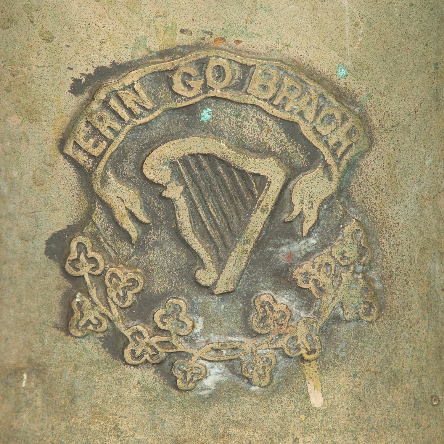 A 16 inch mid-19th century bell by James Sheridan’s Eagle Foundry, Church Street, Dublin.

One side has a harp above a garland of shamrocks with the motto “ERIN GO BRAGH”, the other side has cast in a circle Js.SHERIDAN.EAGLE.FOUNDERY -