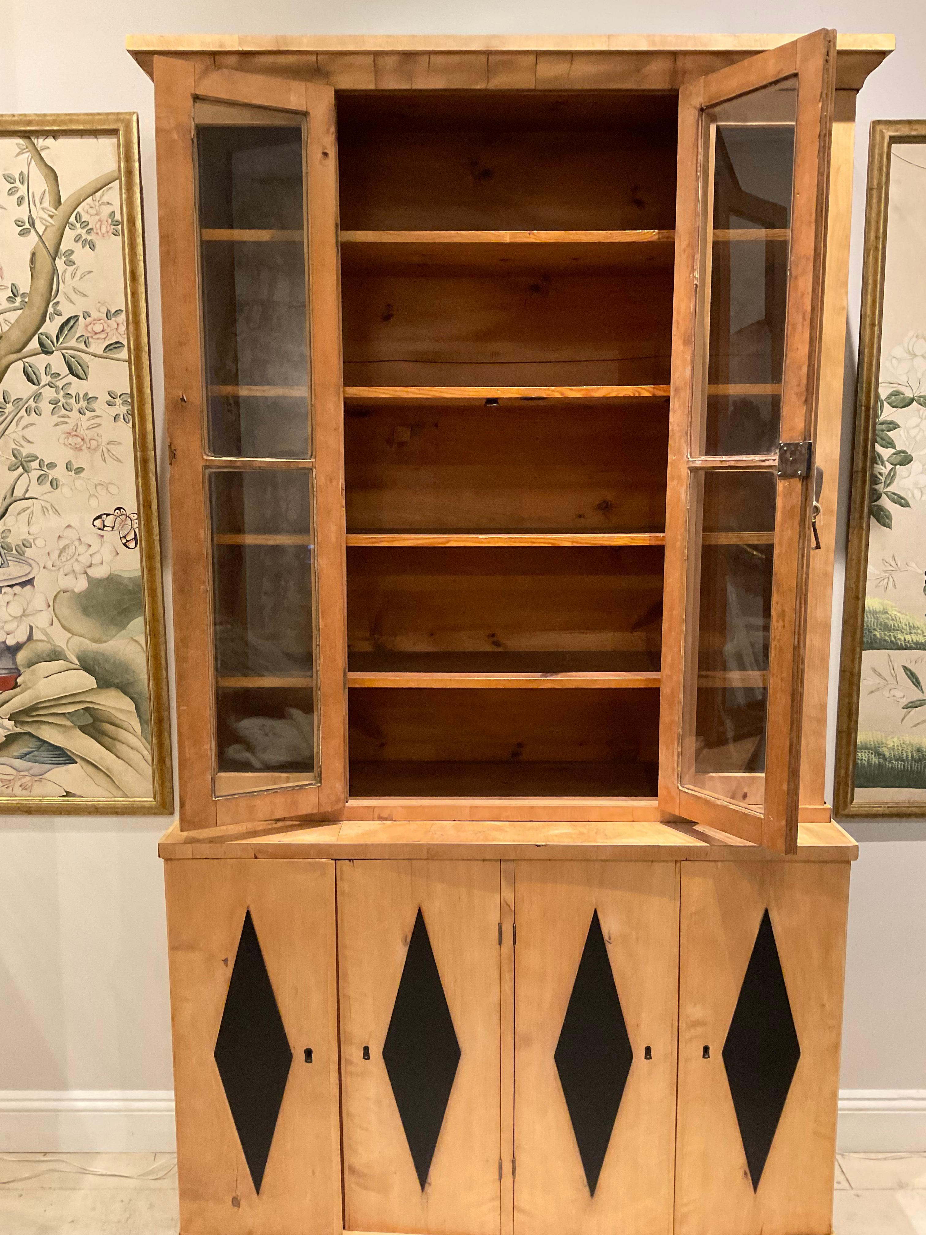 Swedish C19th Bookcase from Sweden with glazed top and decorative diamond detail to base For Sale