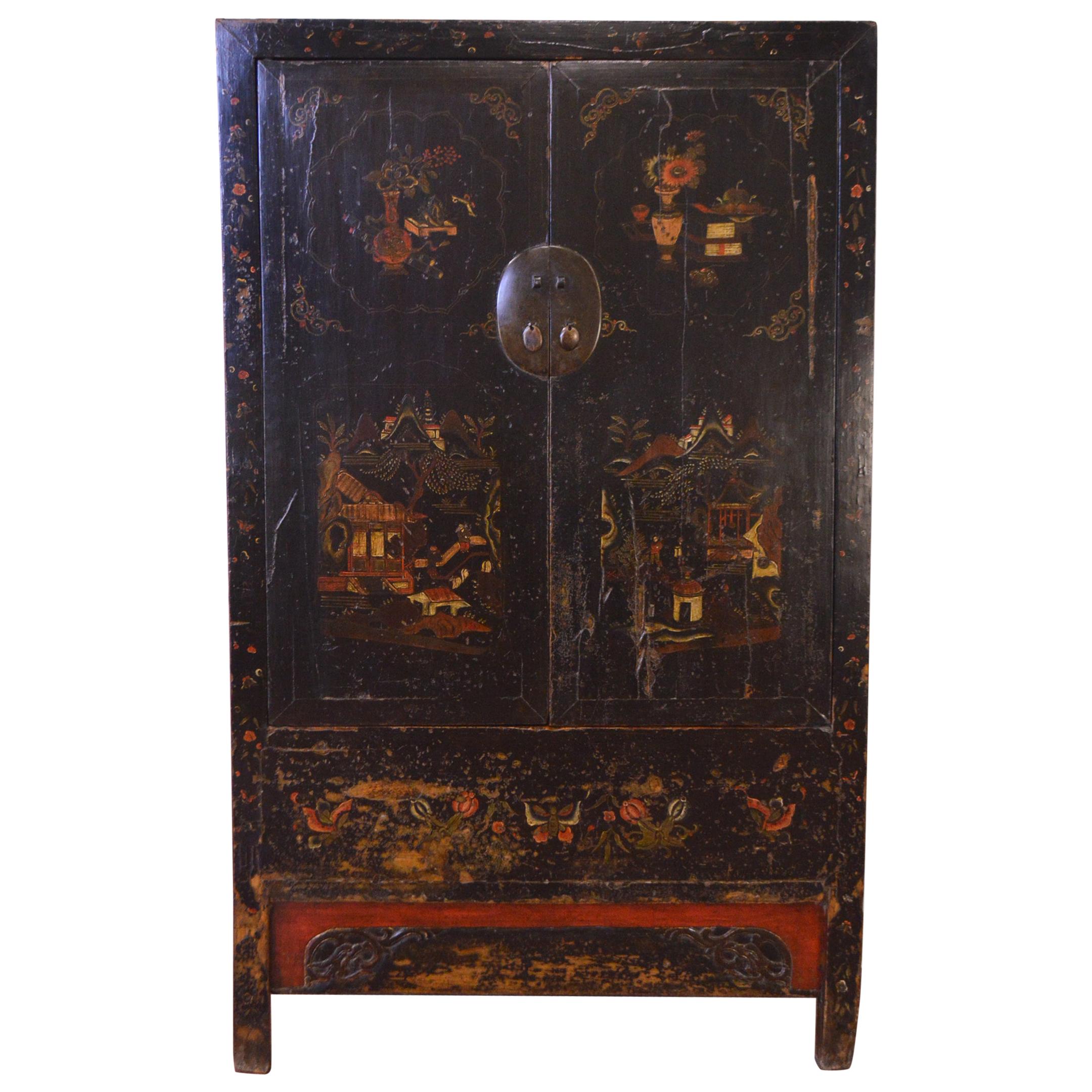 Mid-19th Century Black Lacquered Chinese Cabinet Hand-Painted For Sale
