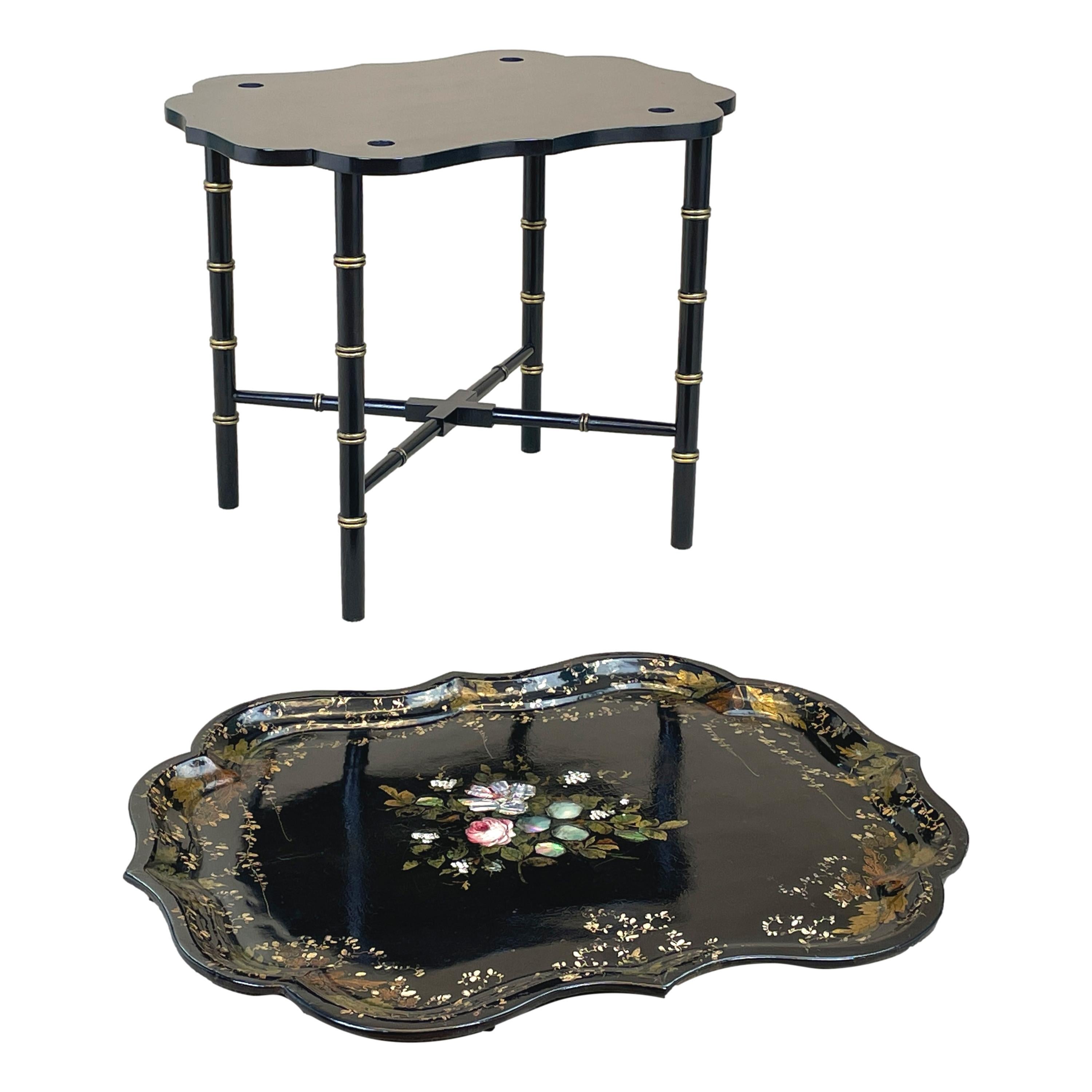 Victorian Mid 19th Century Black Papier Mache Tray On Stand