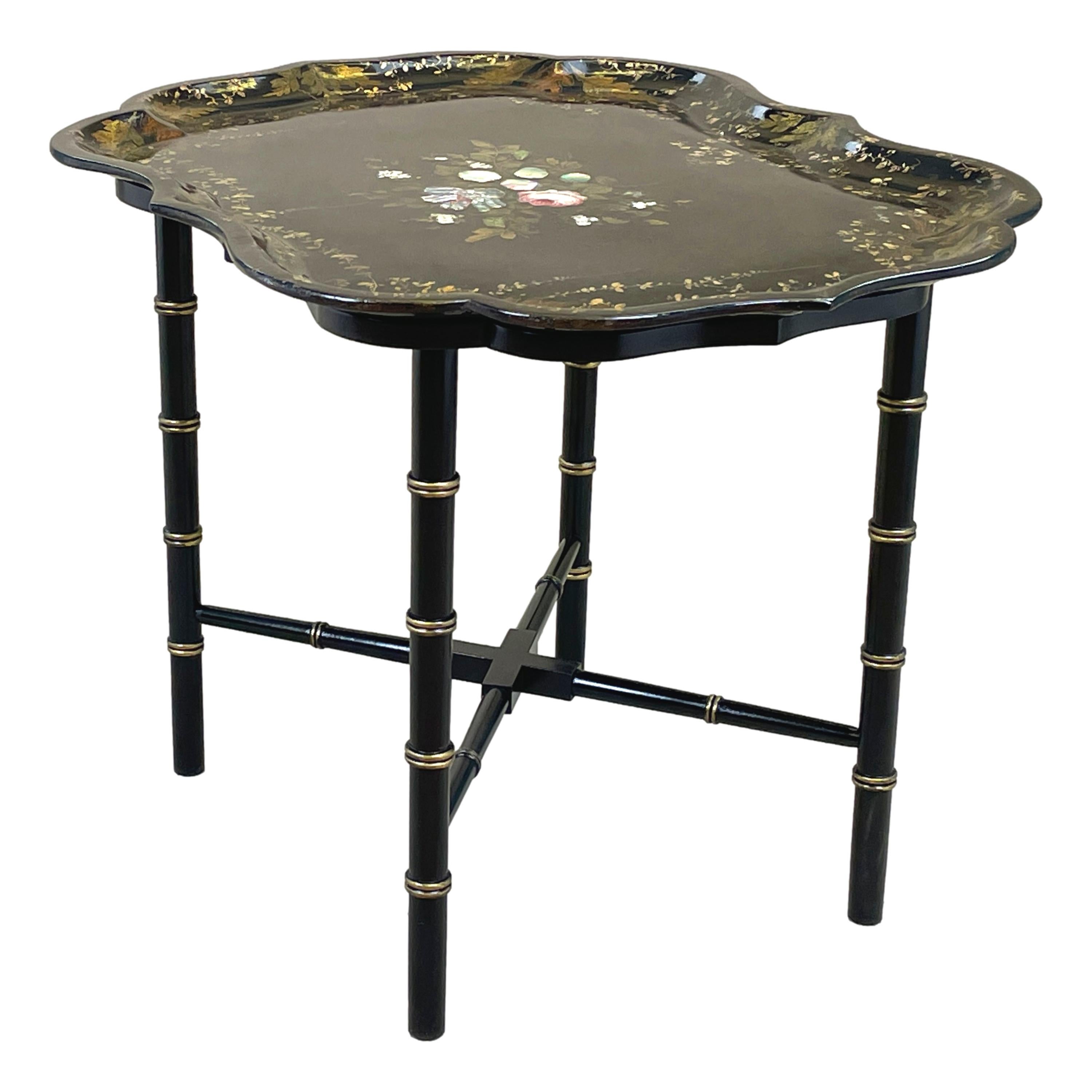 English Mid 19th Century Black Papier Mache Tray On Stand