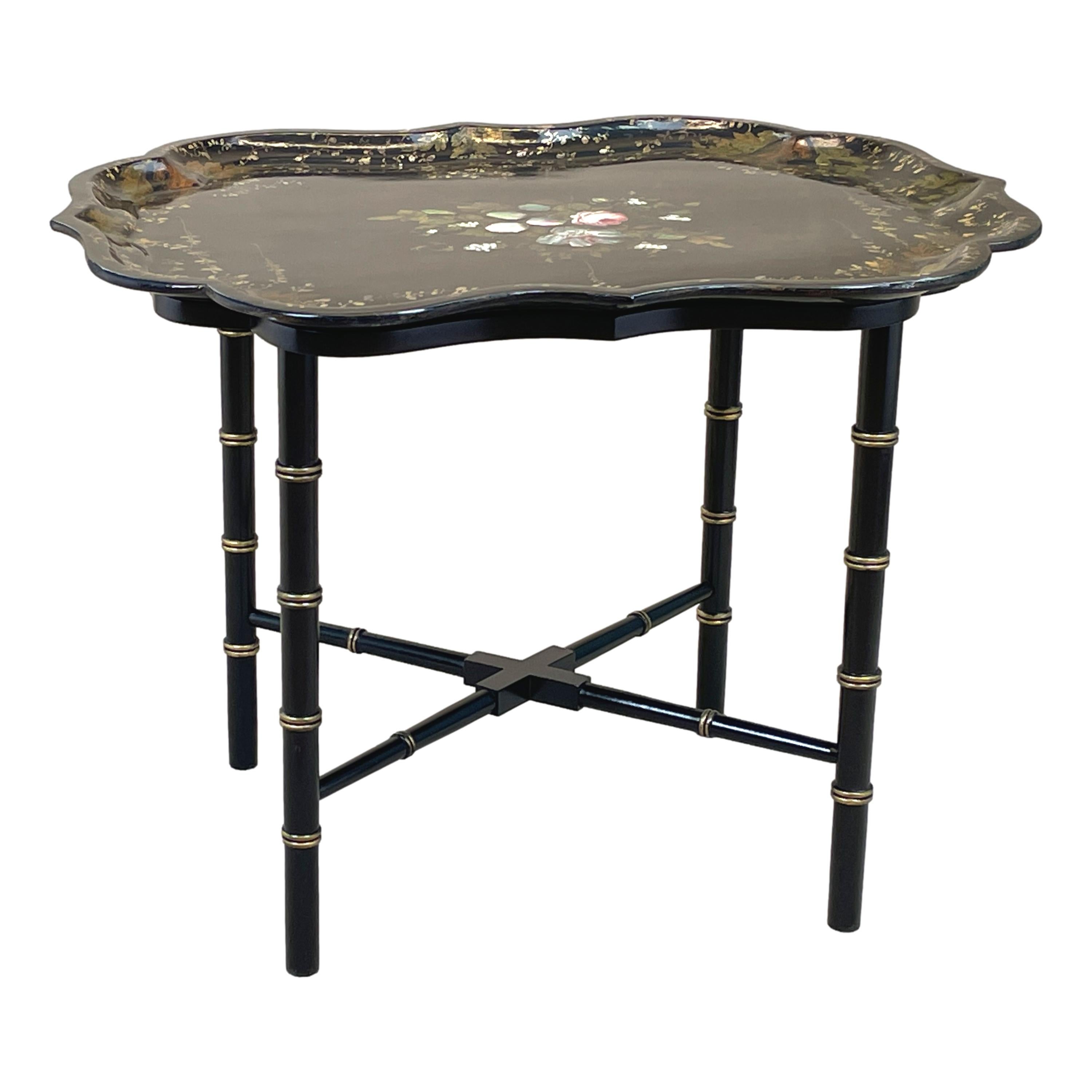 Paper Mid 19th Century Black Papier Mache Tray On Stand