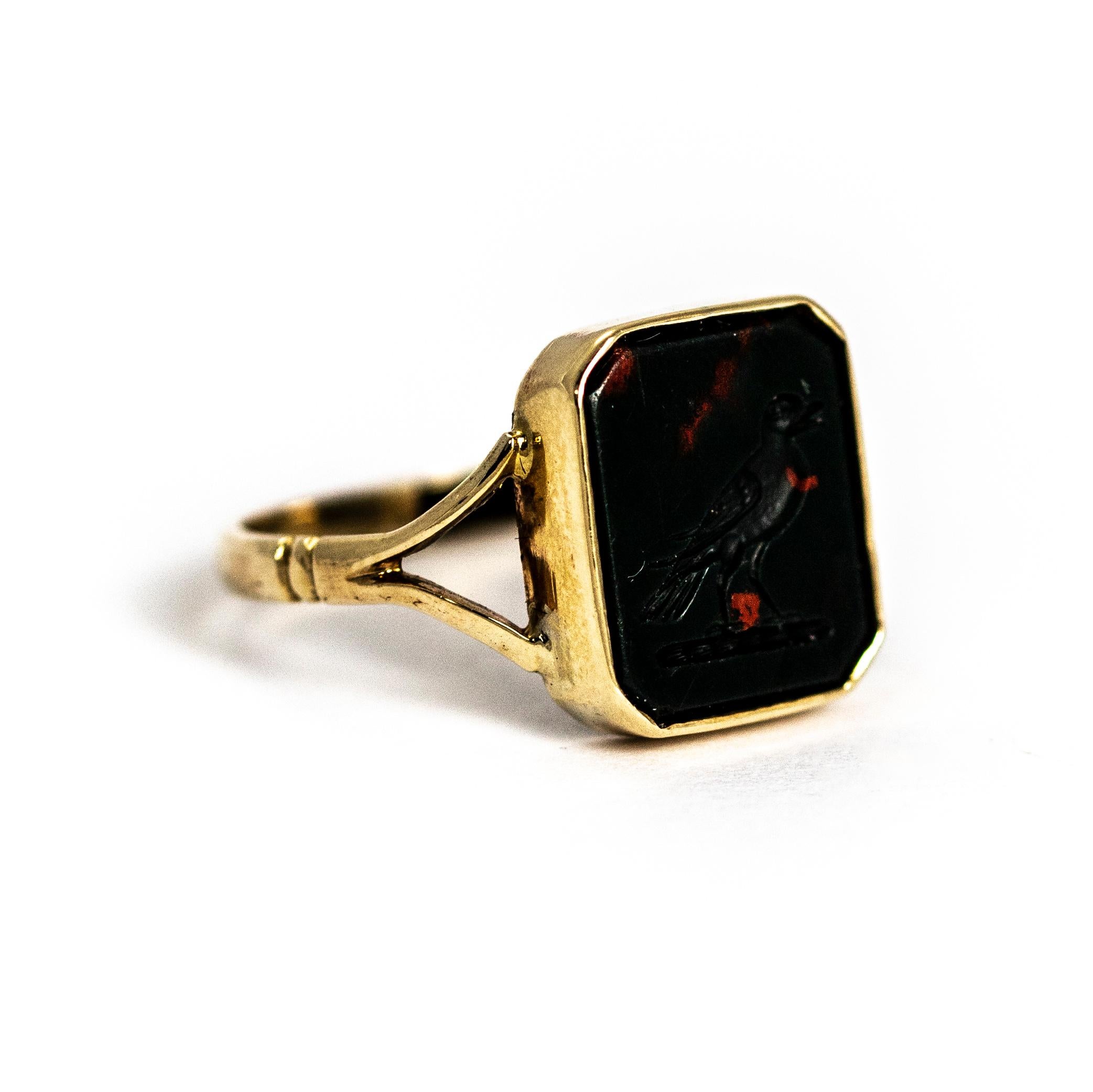 Georgian Mid-19th Century Bloodstone with Bird Engraving and 9 Carat Gold Signet Ring