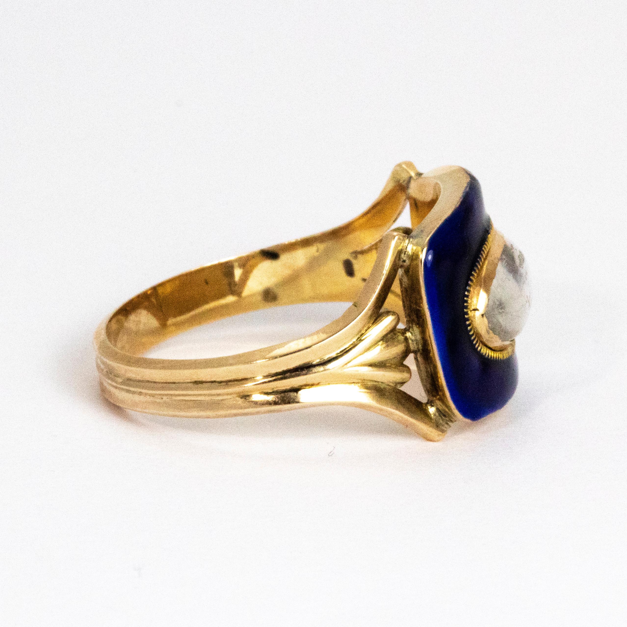Mid-19th Century Blue Enamel and Crystal 9 Carat Gold Ring For Sale 1