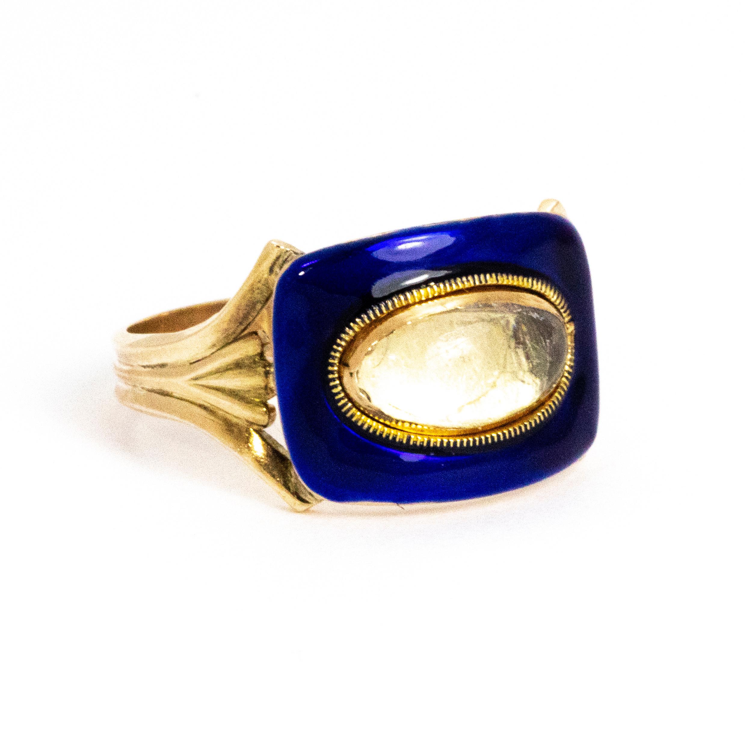 Mid-19th Century Blue Enamel and Crystal 9 Carat Gold Ring For Sale 2