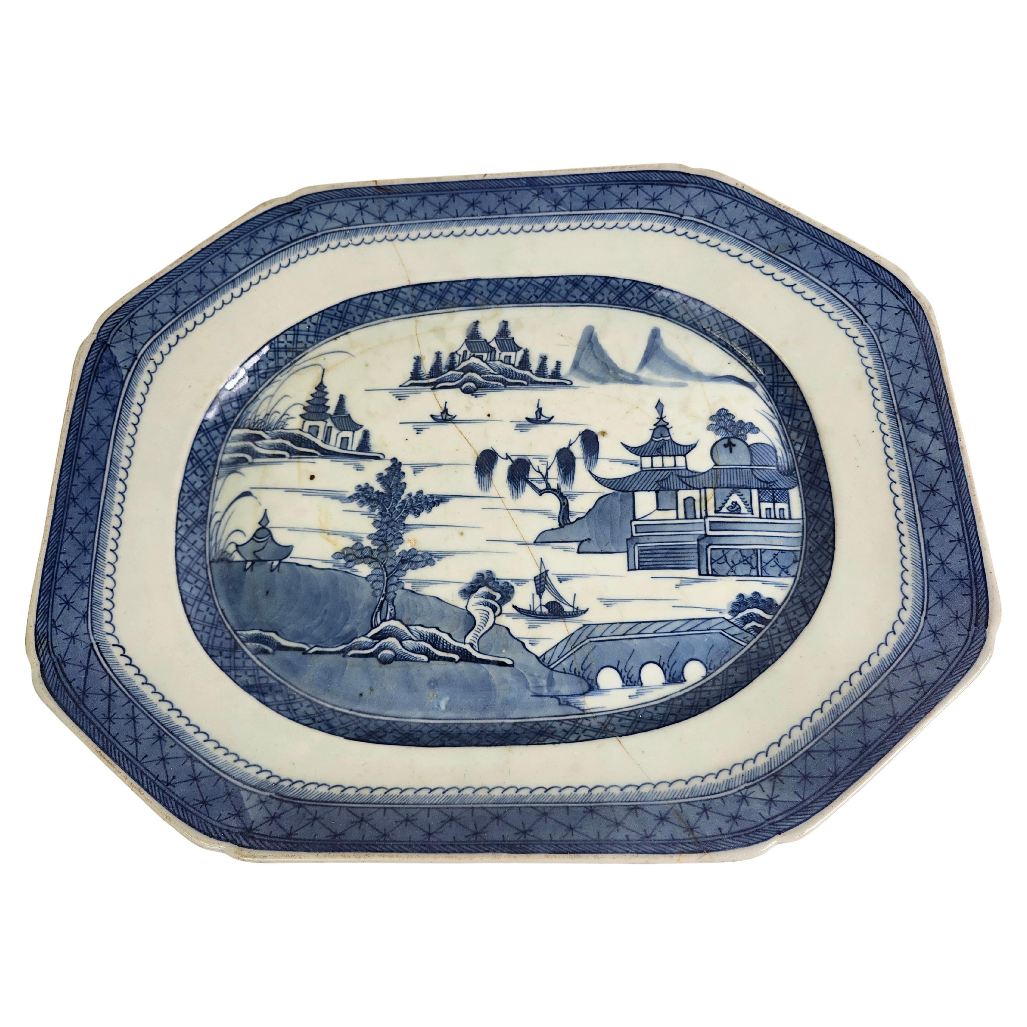 Mid 19th Century Blue 
White Cantonware Platter For Sale