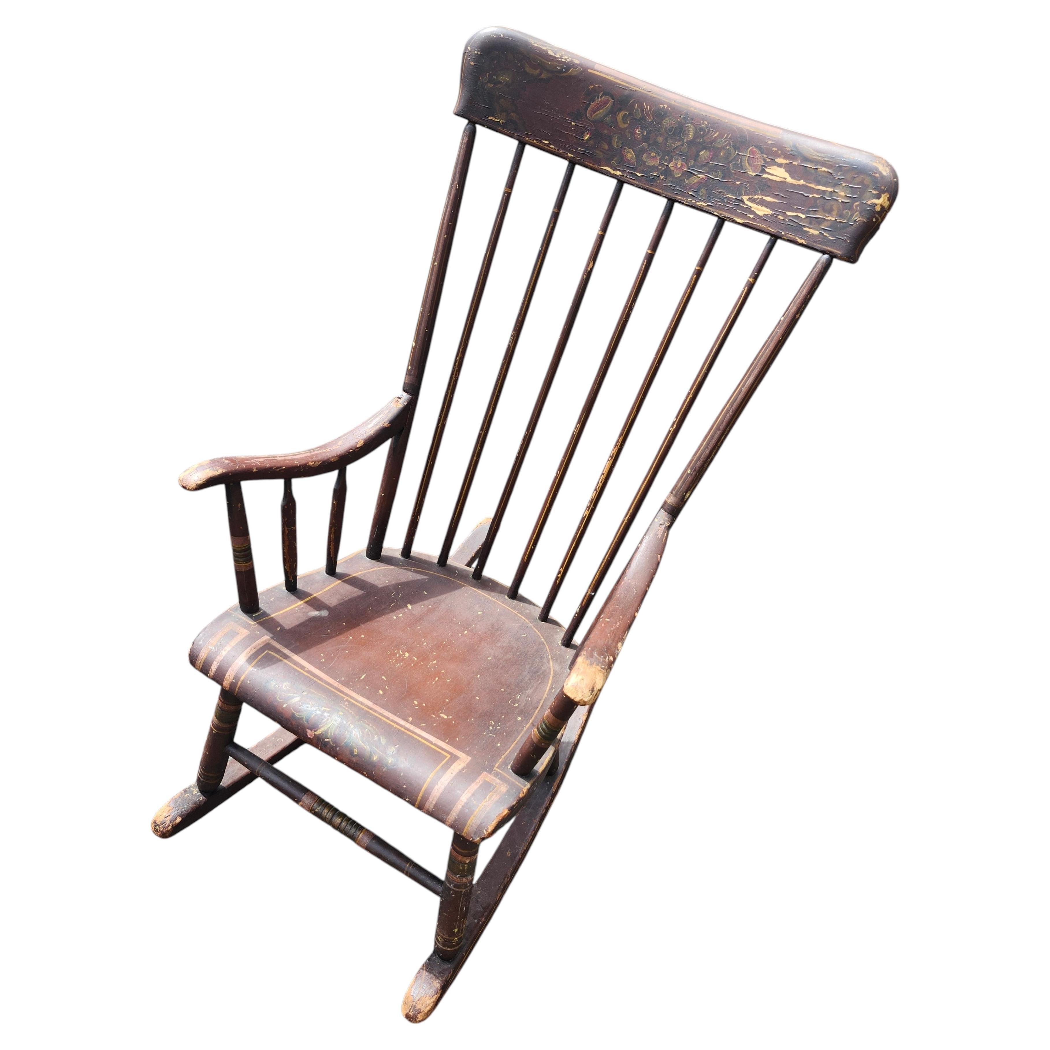 Silla mecedora de Boston de mediados del siglo XIX - Silla mecedora con pintura original estampada con plantilla