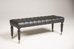 Mid-19th Century Brass Wheeled Black Leather and Ebonized Wood Bench
