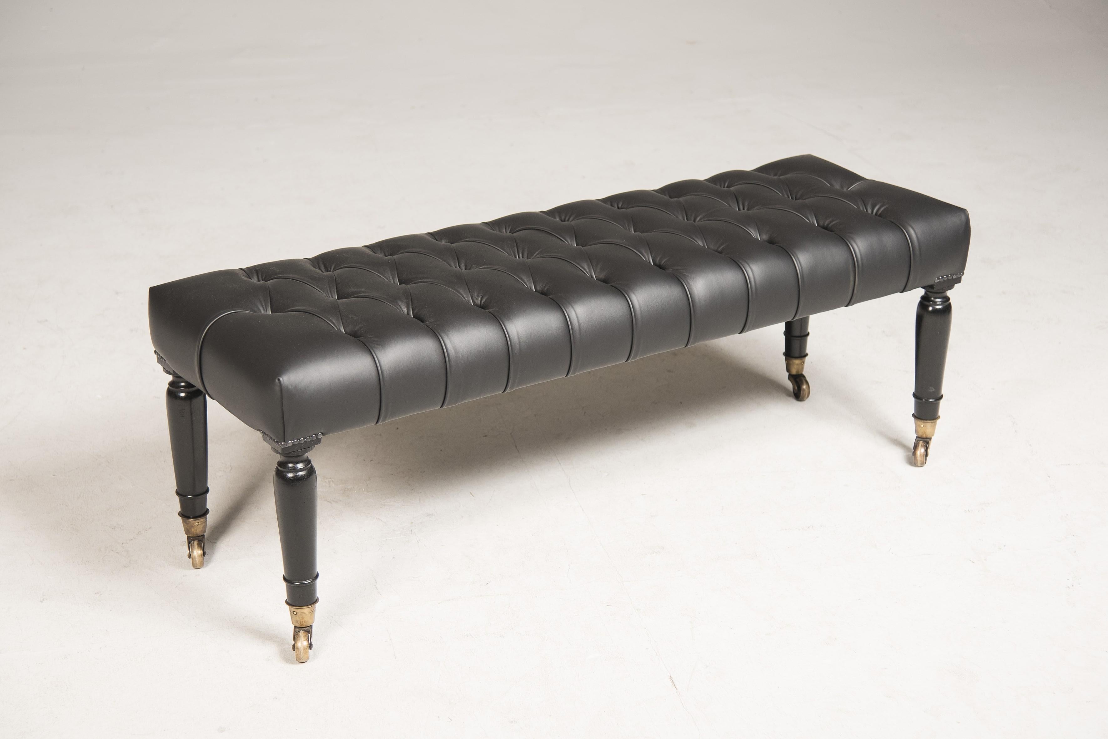20th Century Mid-19th Century Brass Wheeled Black Leather and Ebonized Wood Bench For Sale