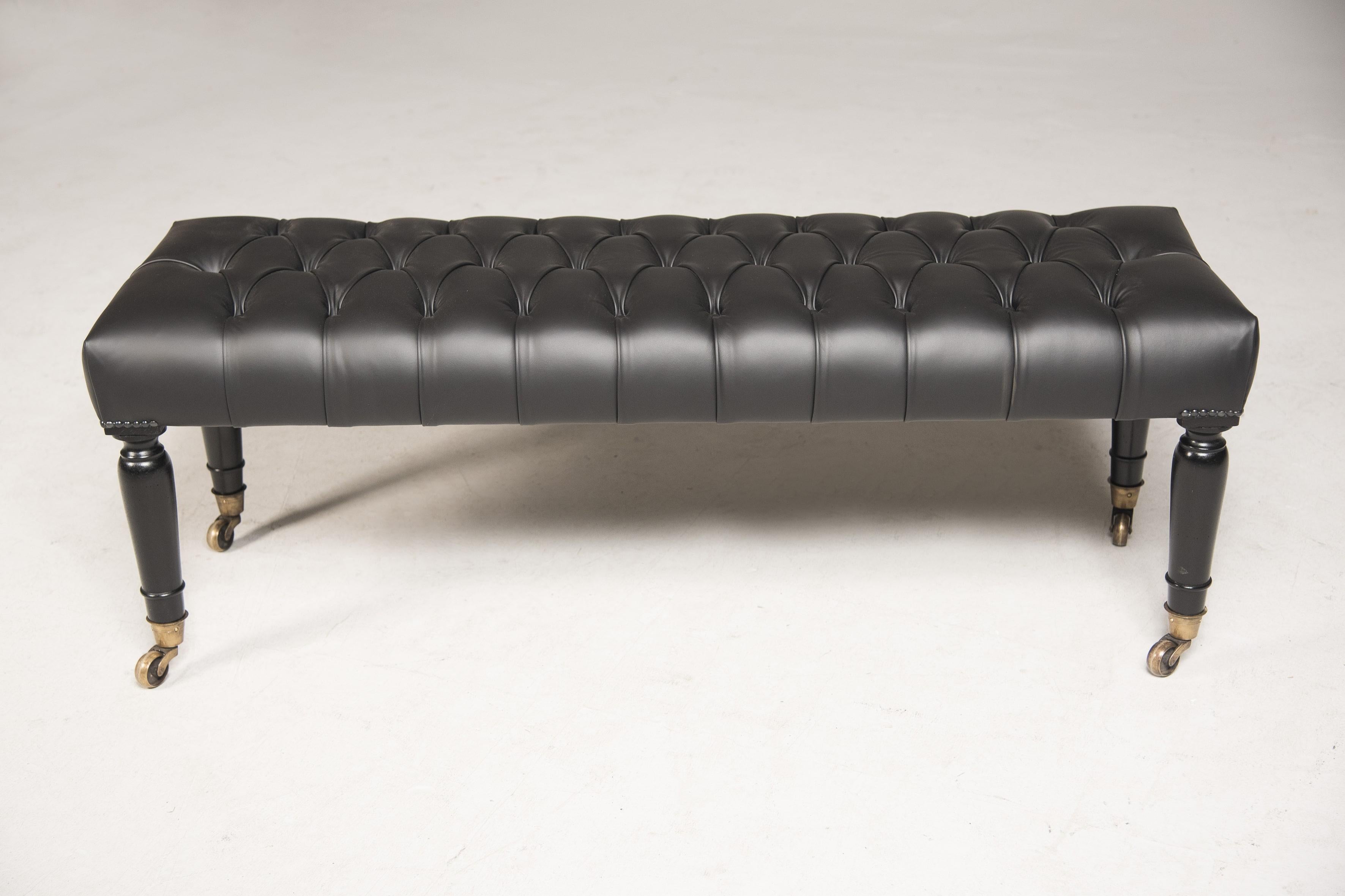 Mid-19th Century Brass Wheeled Black Leather and Ebonized Wood Bench For Sale 5