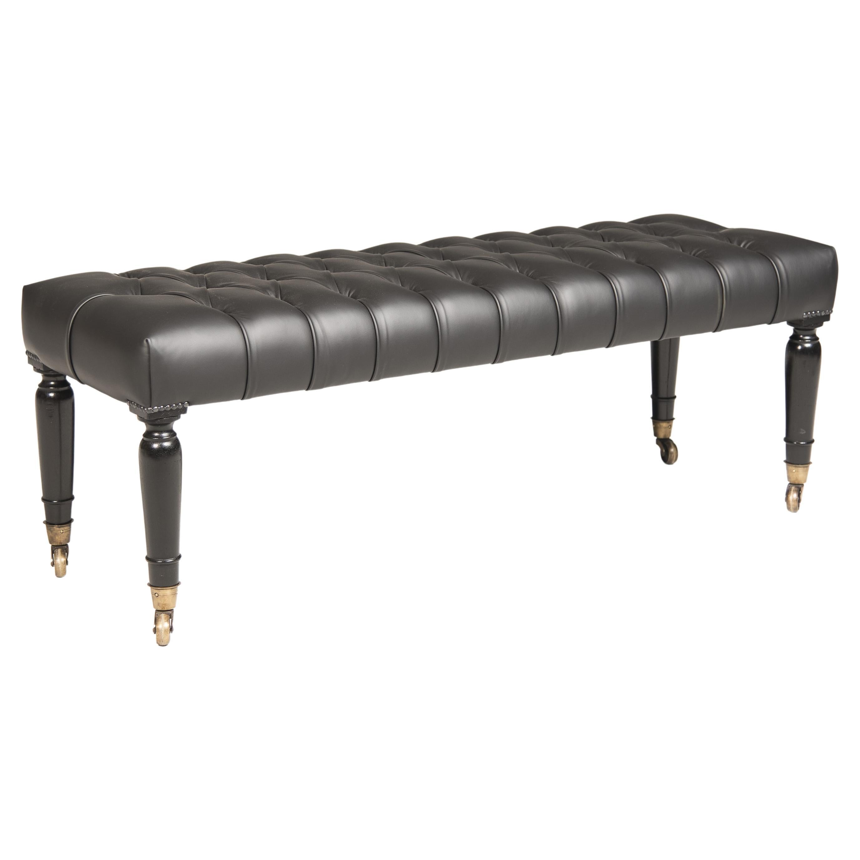 Mid-19th Century Brass Wheeled Black Leather and Ebonized Wood Bench For Sale
