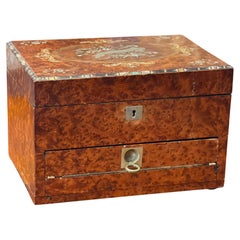 Mid-19th Century British Empire Burled Yew and Amboyna Travel Jewelry Box