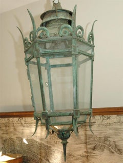 Mid-19th Century Bronze and Glass Hexagonal Hanging Lantern from England