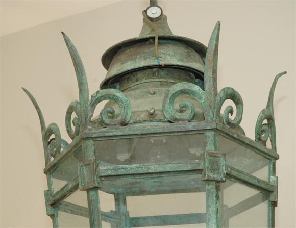 Mid-19th Century Bronze and Glass Hexagonal Hanging Lantern from England In Good Condition In Los Angeles, CA