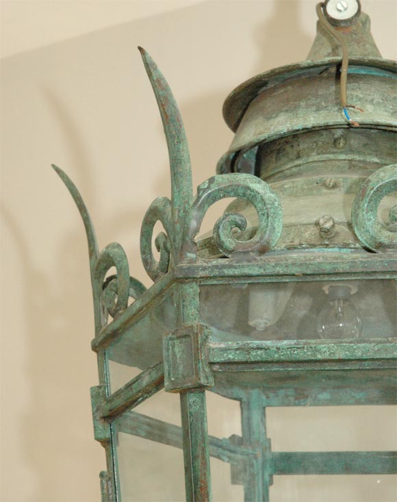 Mid-19th Century Bronze and Glass Hexagonal Hanging Lantern from England 1