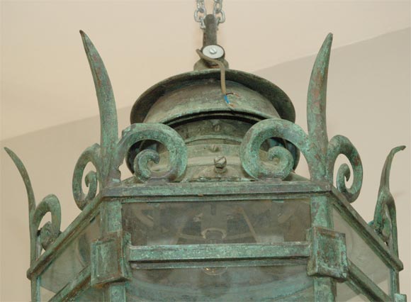 Mid-19th Century Bronze and Glass Hexagonal Hanging Lantern from England 4